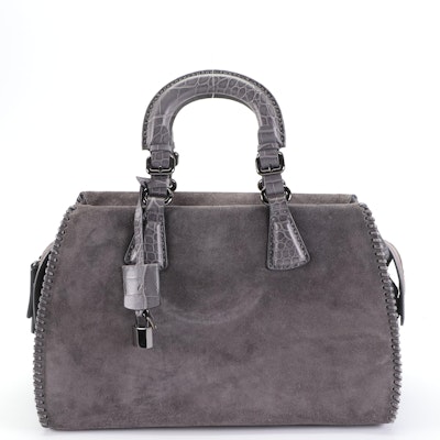 Giorgio Armani Handbag in Gray Suede and Croc-Embossed Leather