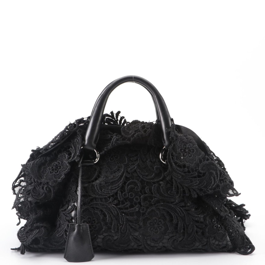 Prada Medium Pizzo Bowler Bag in Lace-Embellished Black Lambskin Leather