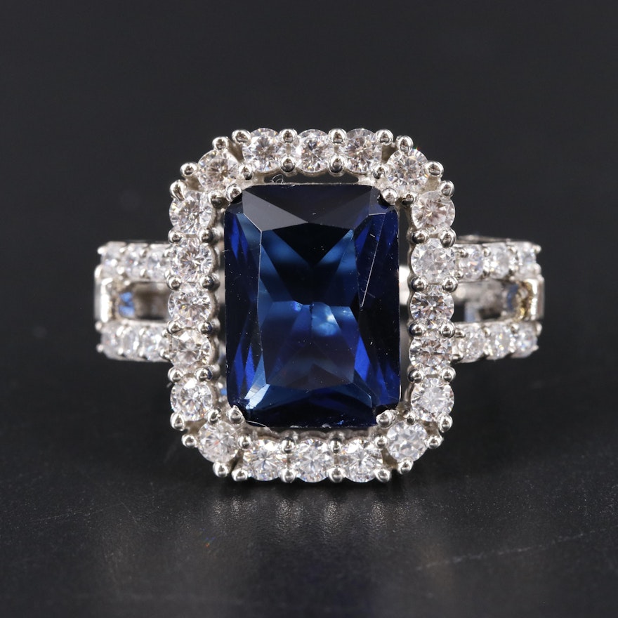Sterling Silver Sapphire and Cubic Zirconia Ring