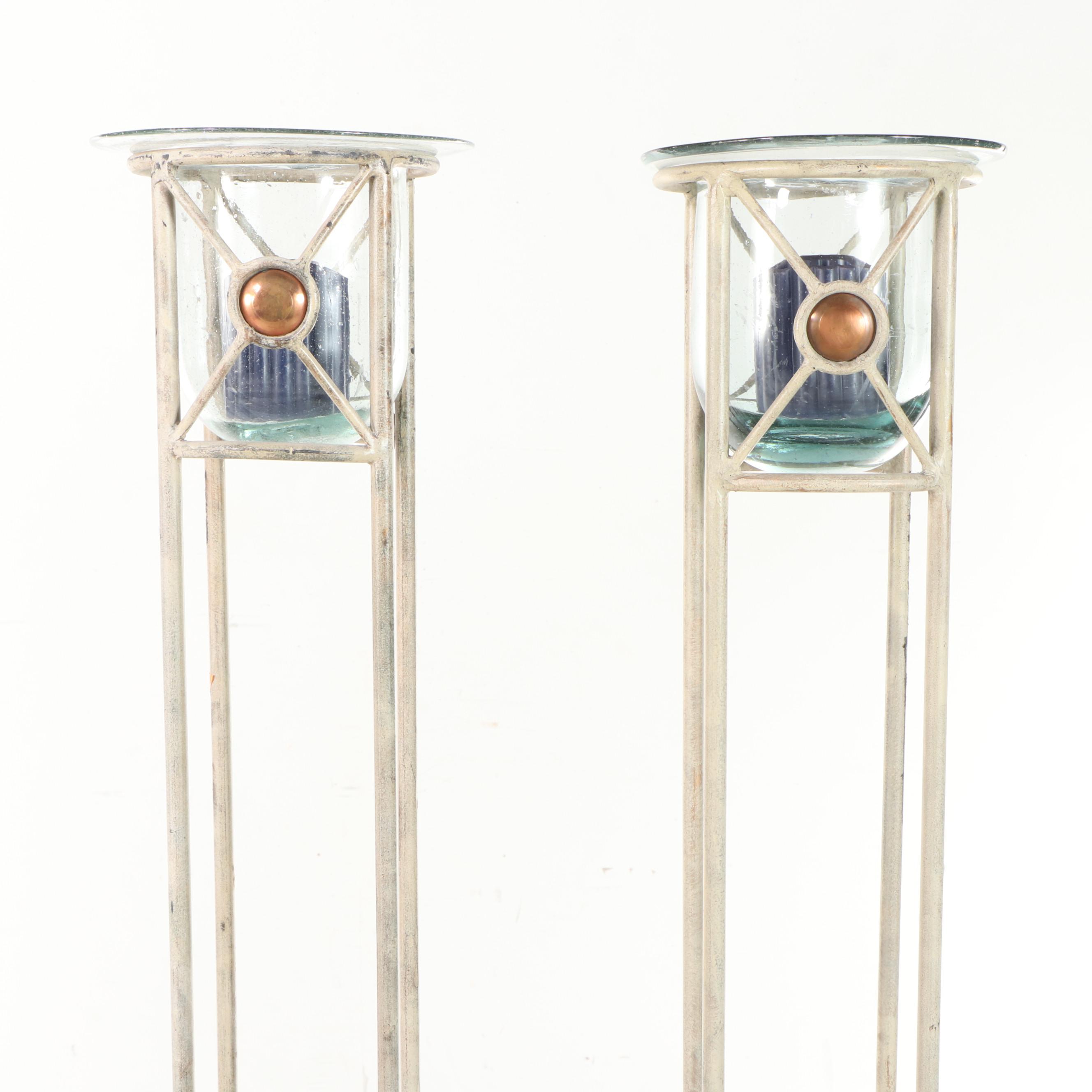 Wrought Iron and Glass Floor Candle Holders with Reindeer Candle Holder