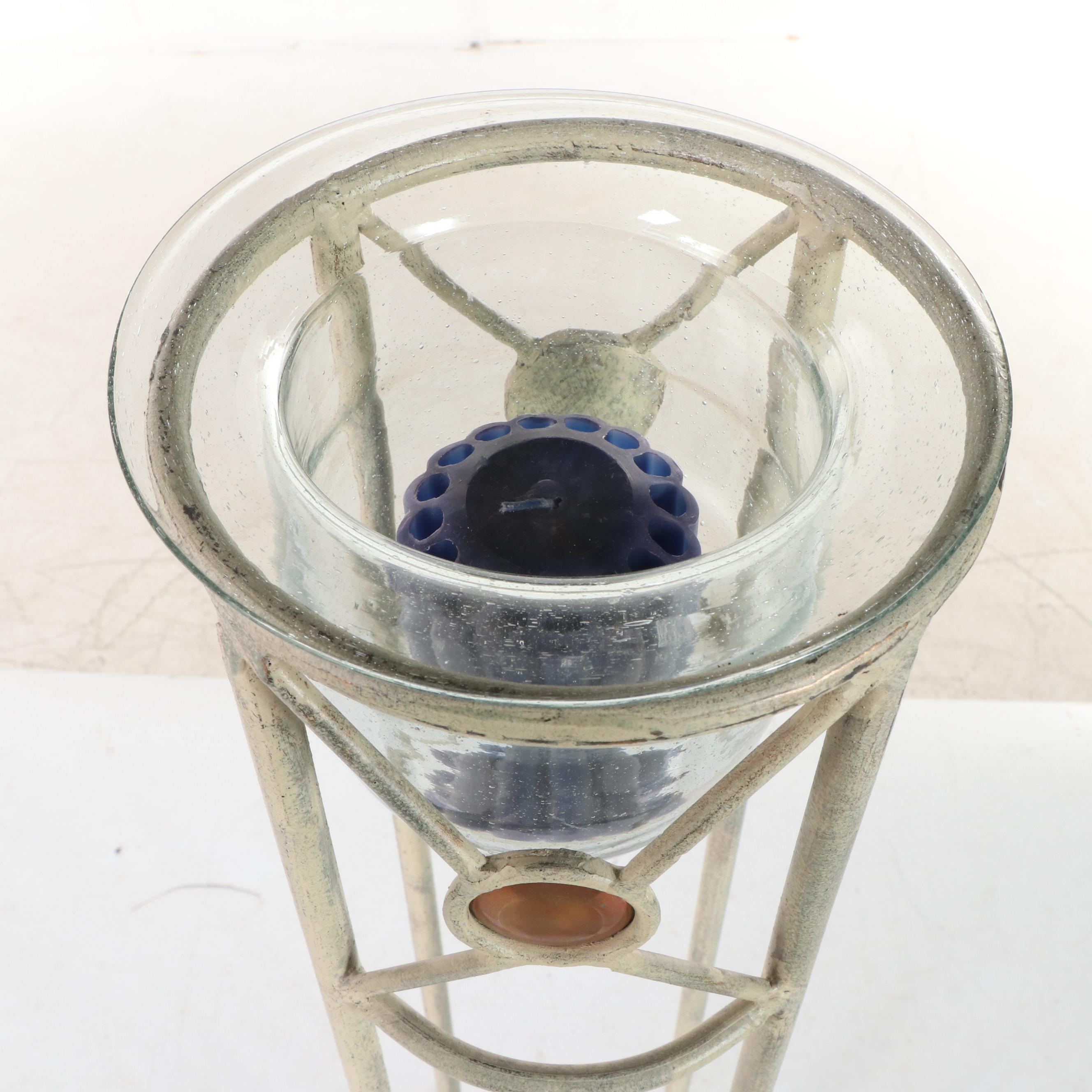 Wrought Iron and Glass Floor Candle Holders with Reindeer Candle Holder