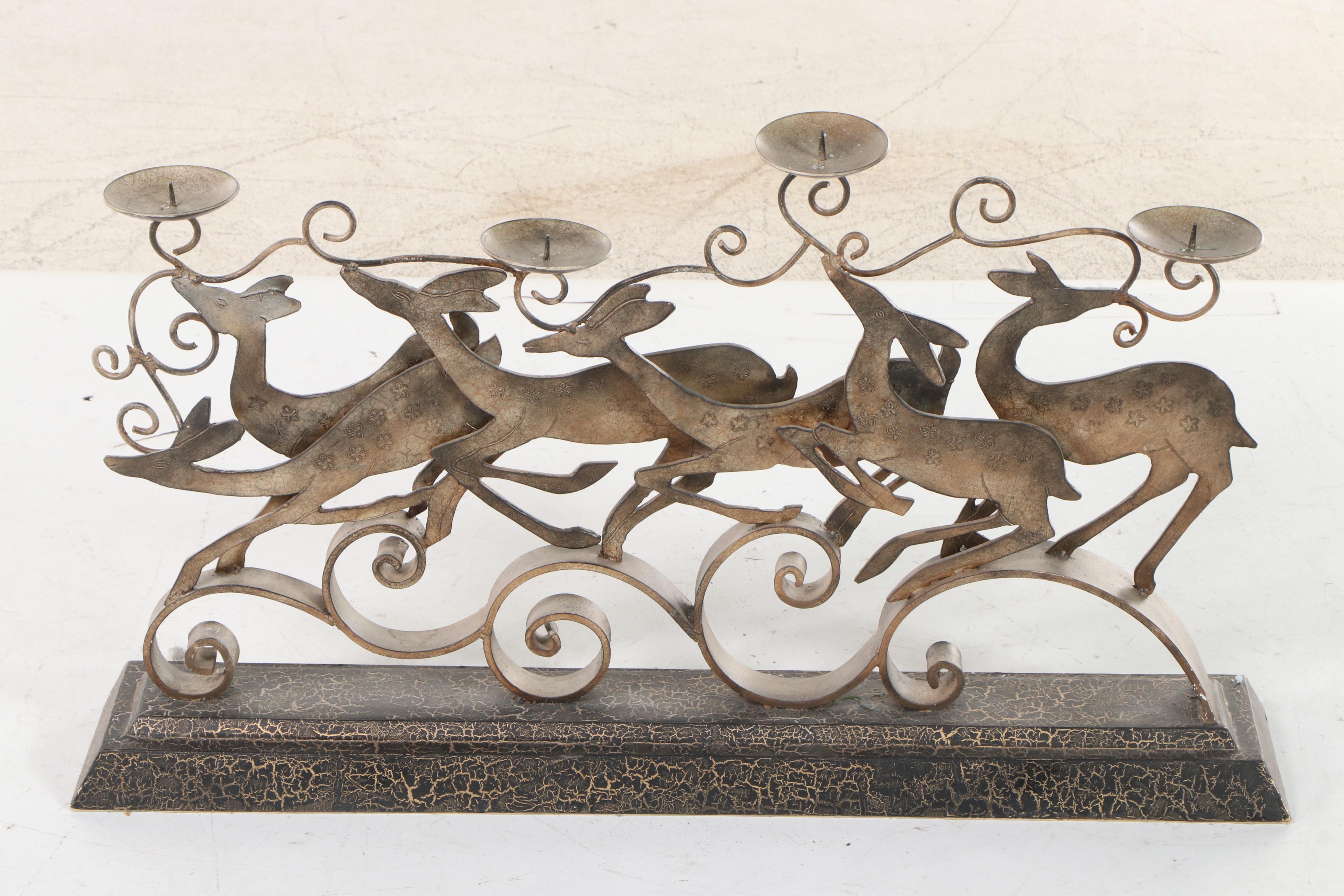 Wrought Iron and Glass Floor Candle Holders with Reindeer Candle Holder