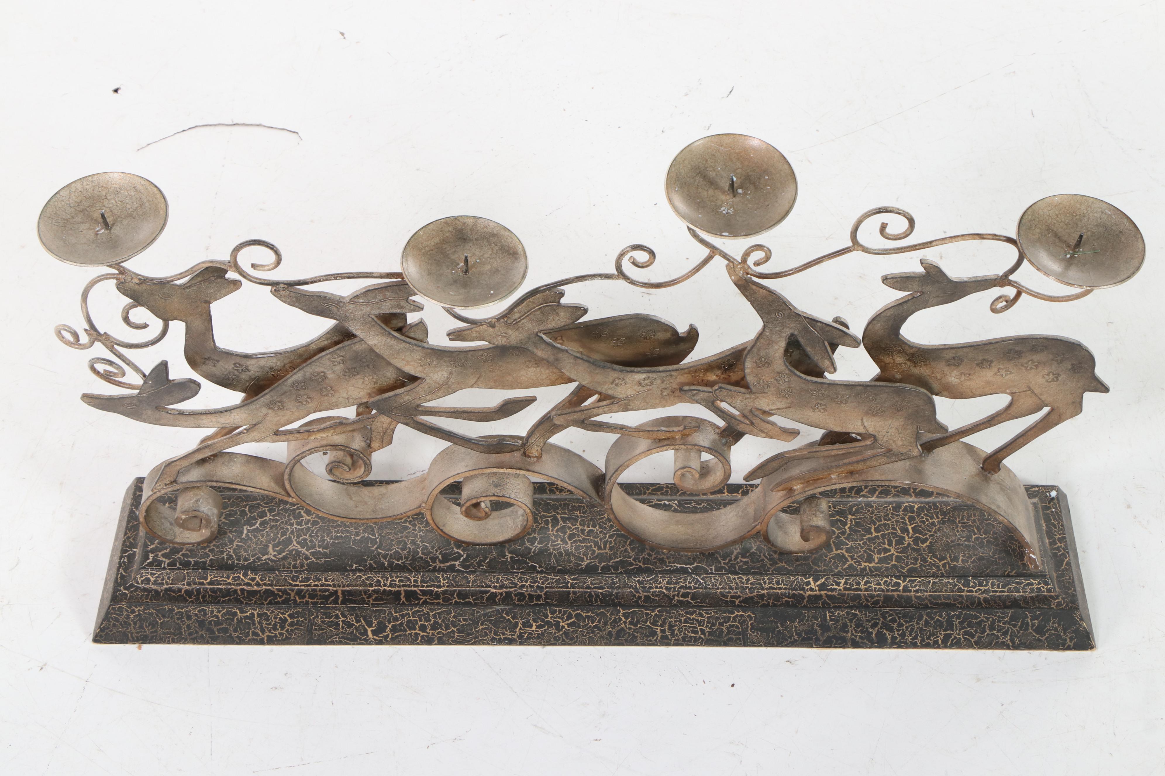 Wrought Iron and Glass Floor Candle Holders with Reindeer Candle Holder