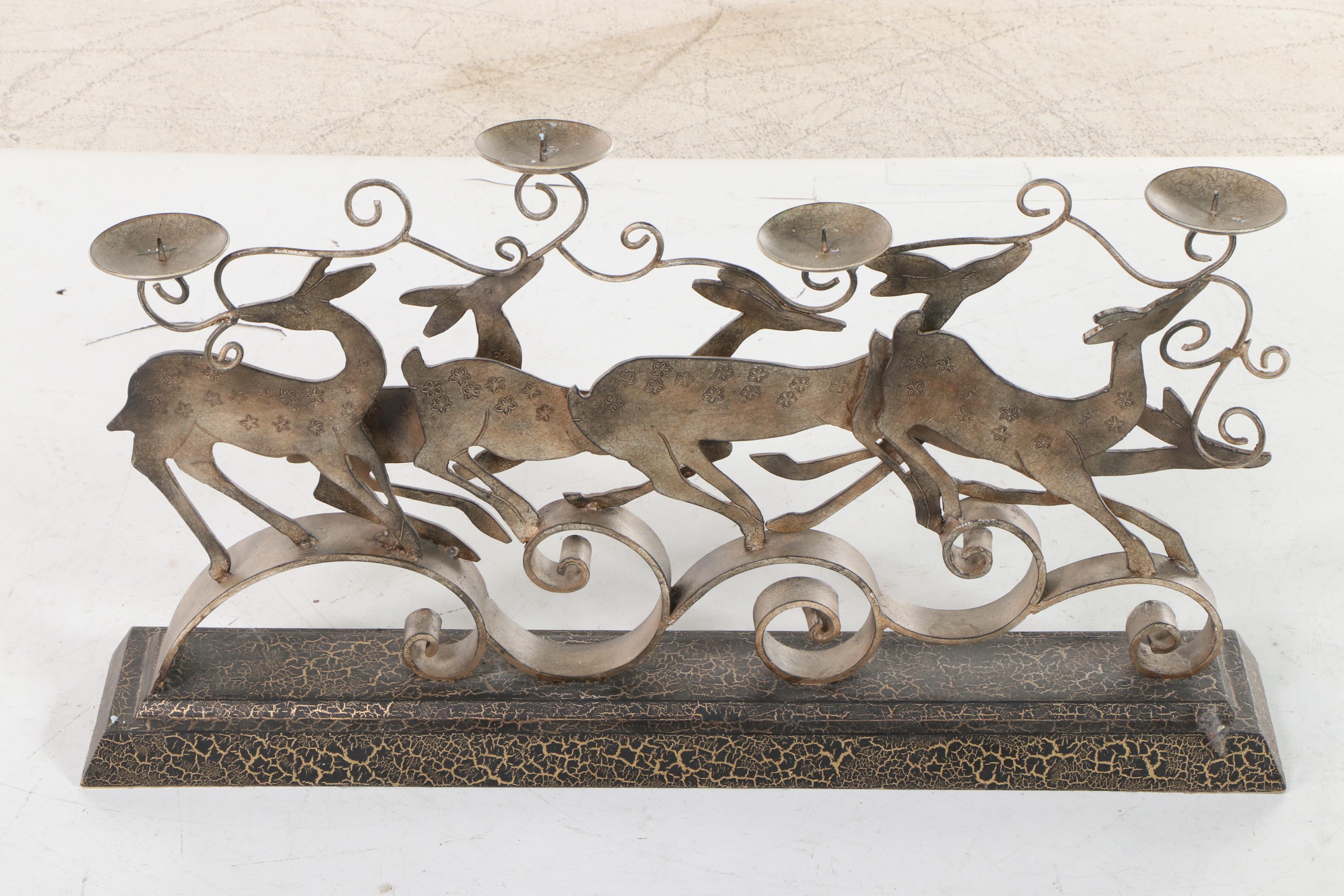 Wrought Iron and Glass Floor Candle Holders with Reindeer Candle Holder