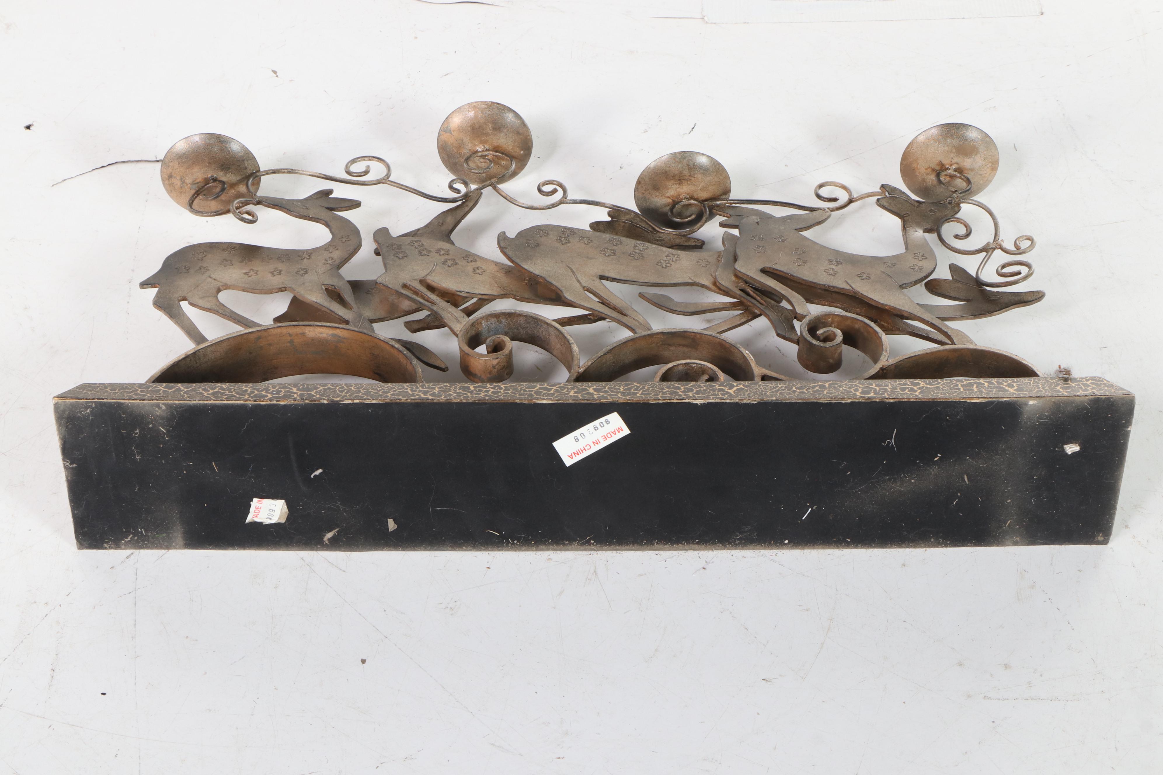 Wrought Iron and Glass Floor Candle Holders with Reindeer Candle Holder