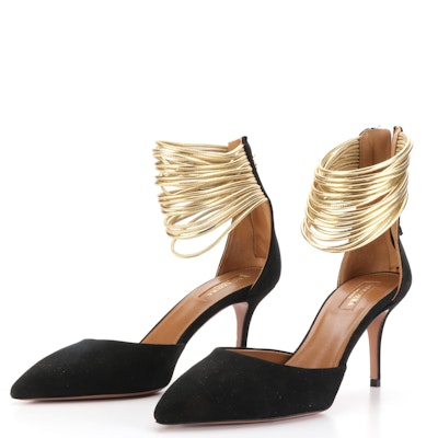Aquazzura 75mm Pointed Toe Rear-Zip Pumps in Black Suede/Gold Leather