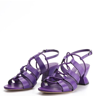 Salvatore Ferragamo 55mm Geometric Heel Sandals in Purple Snake-Effect Leather