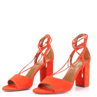 Aquazzura Block Heel Sandals in Orange Suede with Ankle Ties