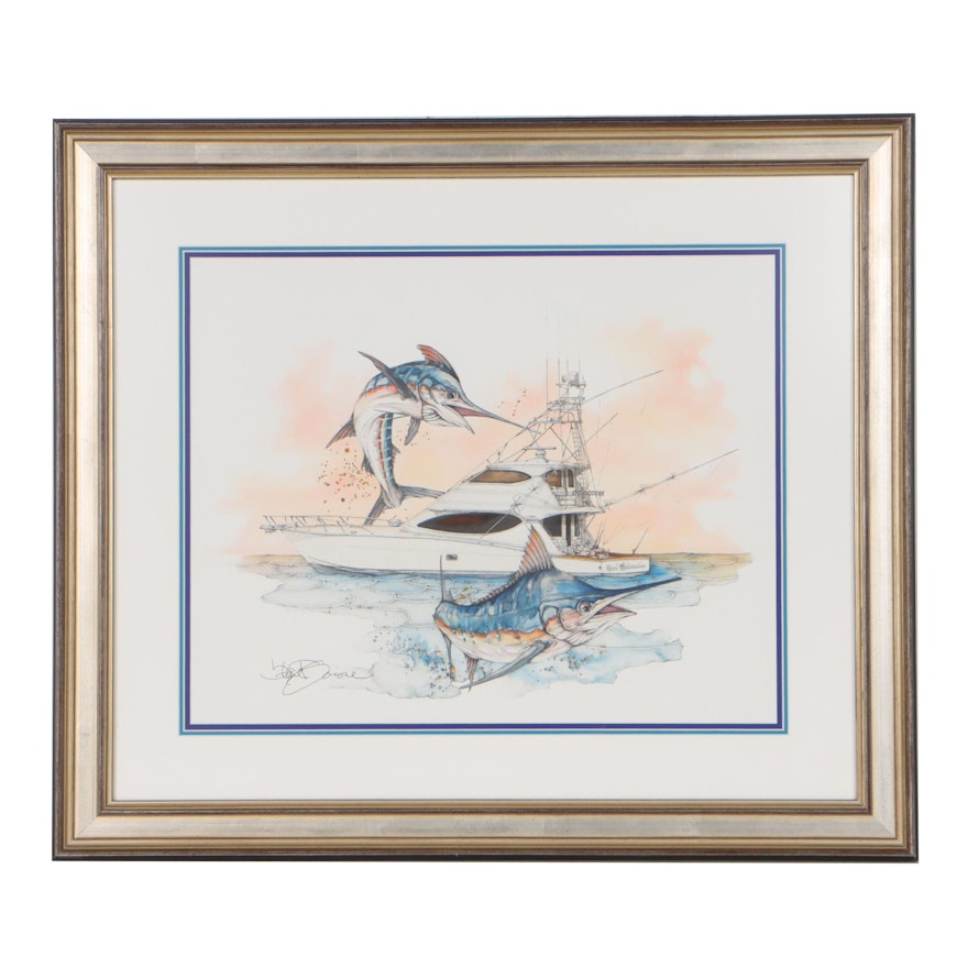 Steve T. Goione Hand-Colored Ink Drawing of Marlin and Yacht
