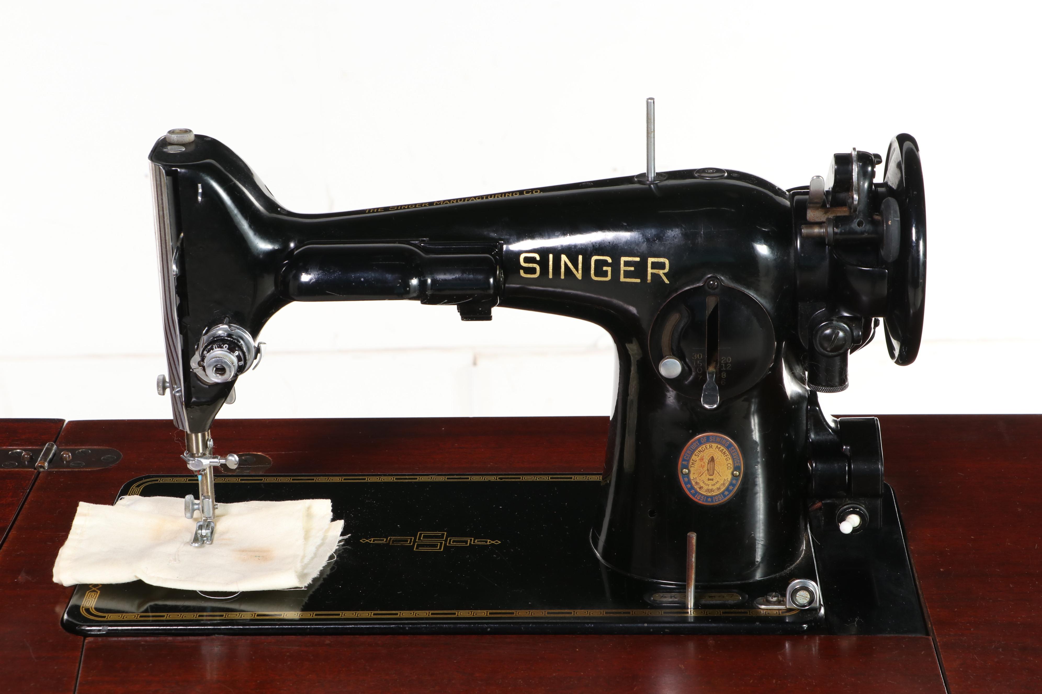 Singer Model 201 Sewing Machine in Mahogany Workbench, 1950s EBTH