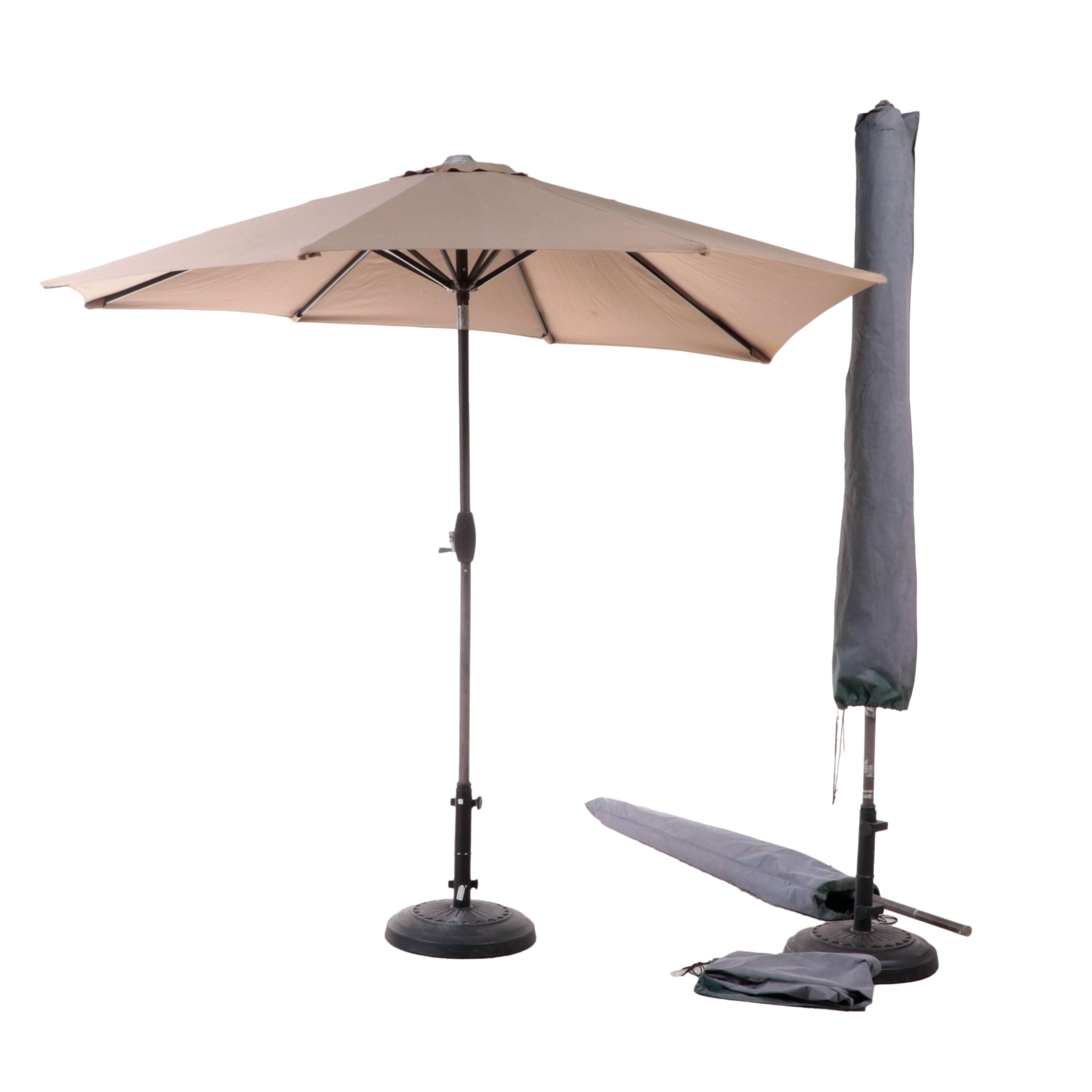 Three Contemporary Patio Umbrellas with Two Stands EBTH