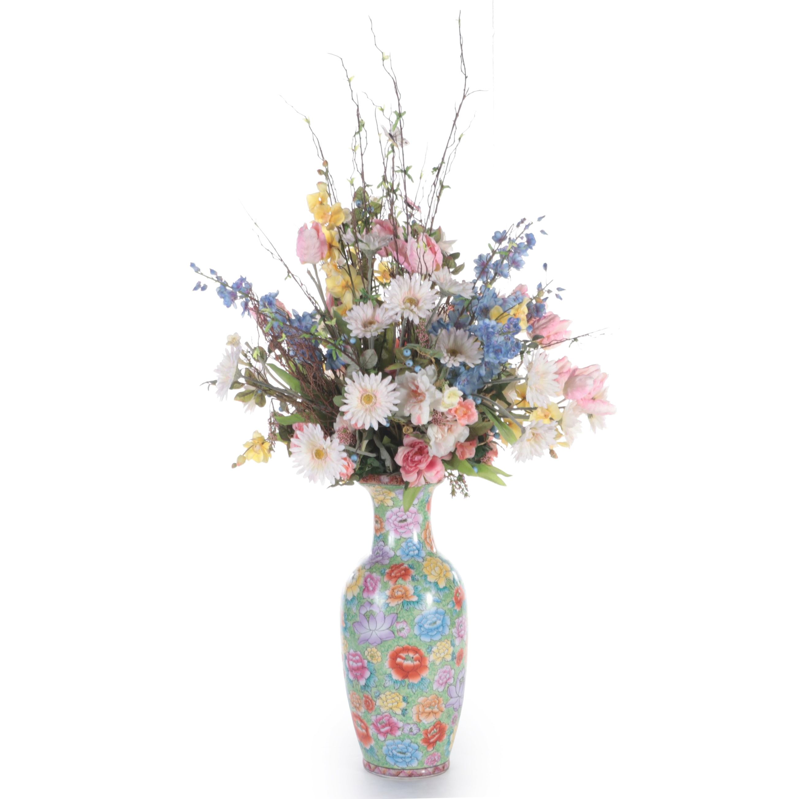 Chinese Porcelain Vase with Silk Flower Arrangement EBTH