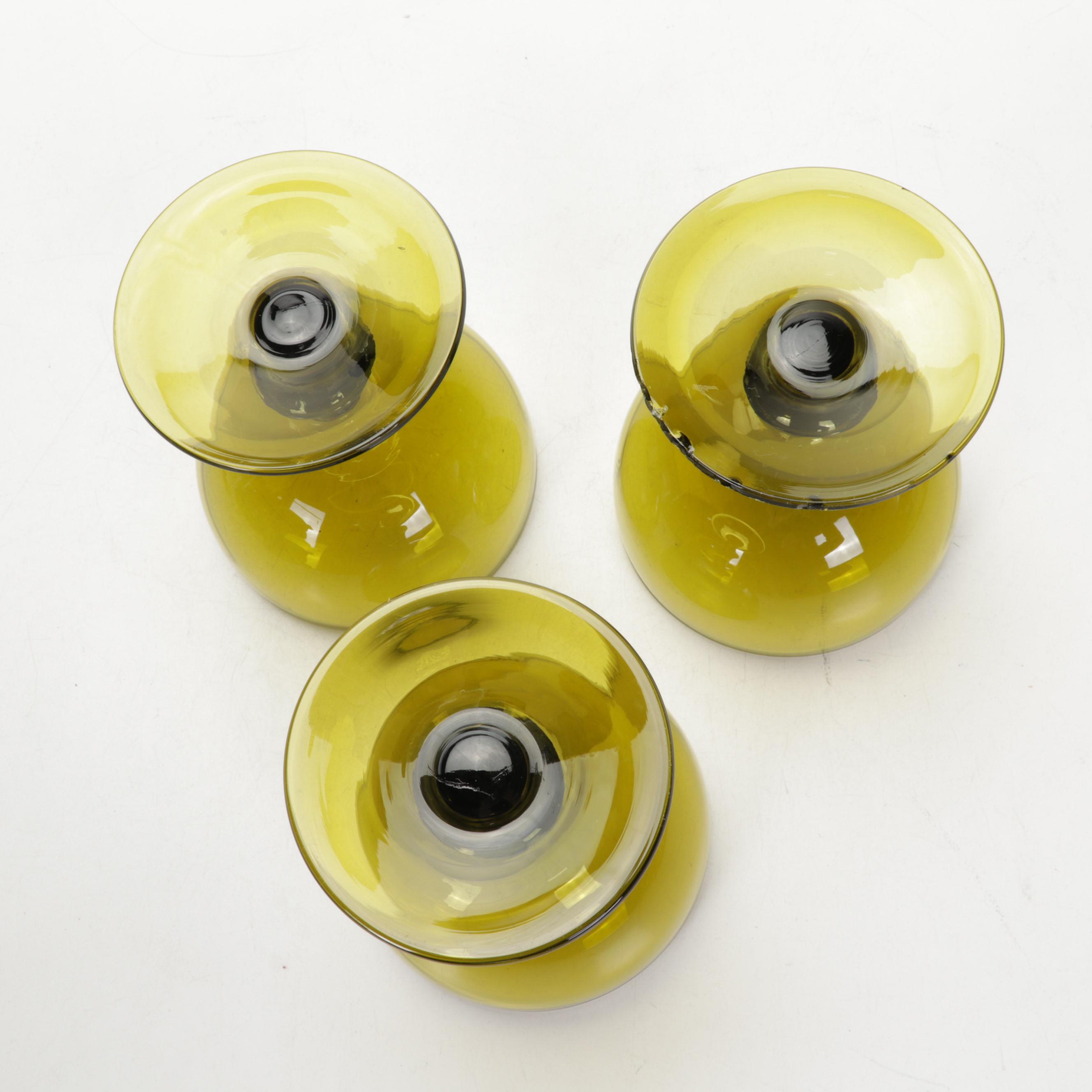 Olive Green Stemware Needlepoint Footstools and Tapered Candlesticks EBTH