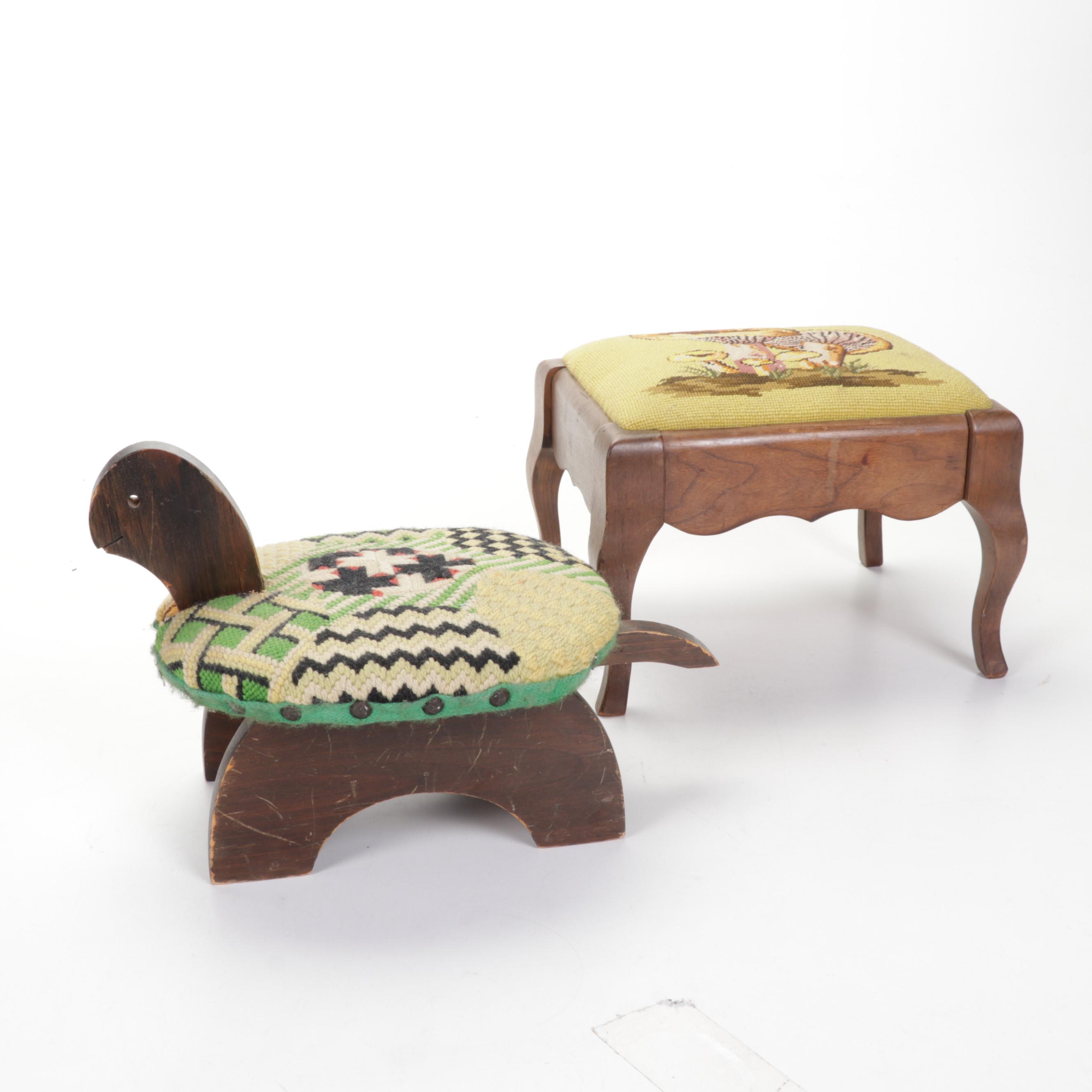 Olive Green Stemware Needlepoint Footstools and Tapered Candlesticks EBTH