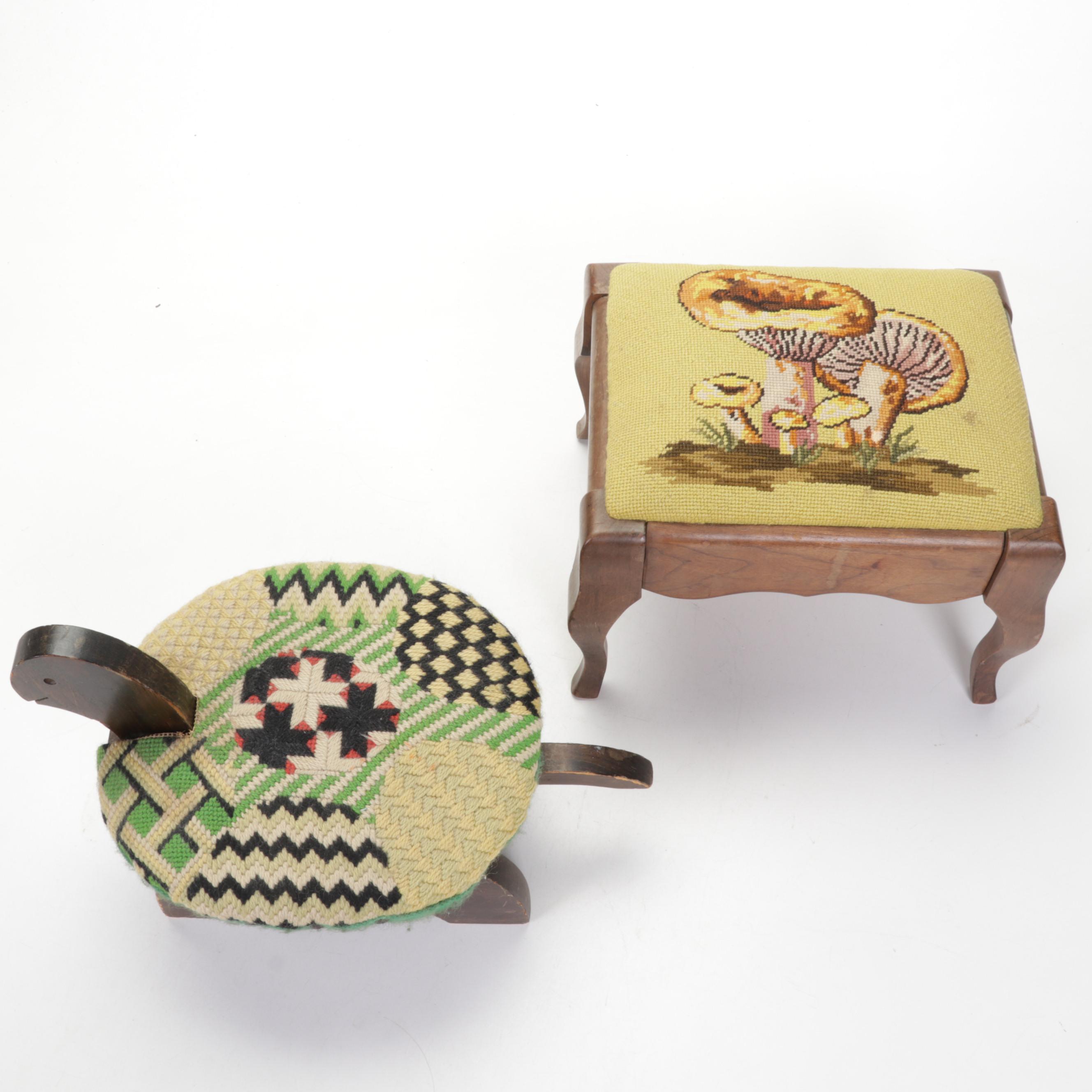 Olive Green Stemware Needlepoint Footstools and Tapered Candlesticks EBTH