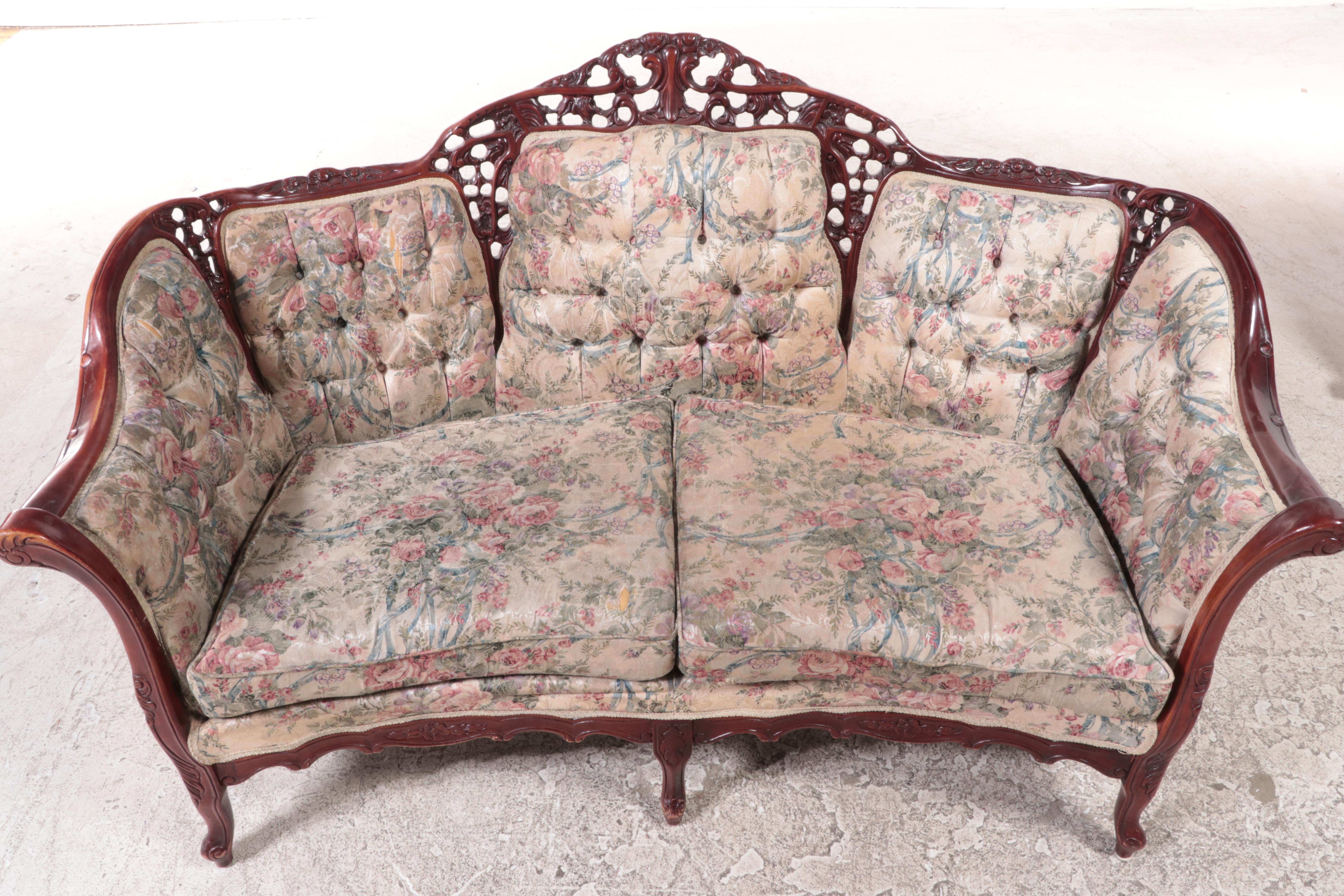 Kimball Furniture Reproductions Rococo Carved Sofa in Floral Tufted Upholstery EBTH