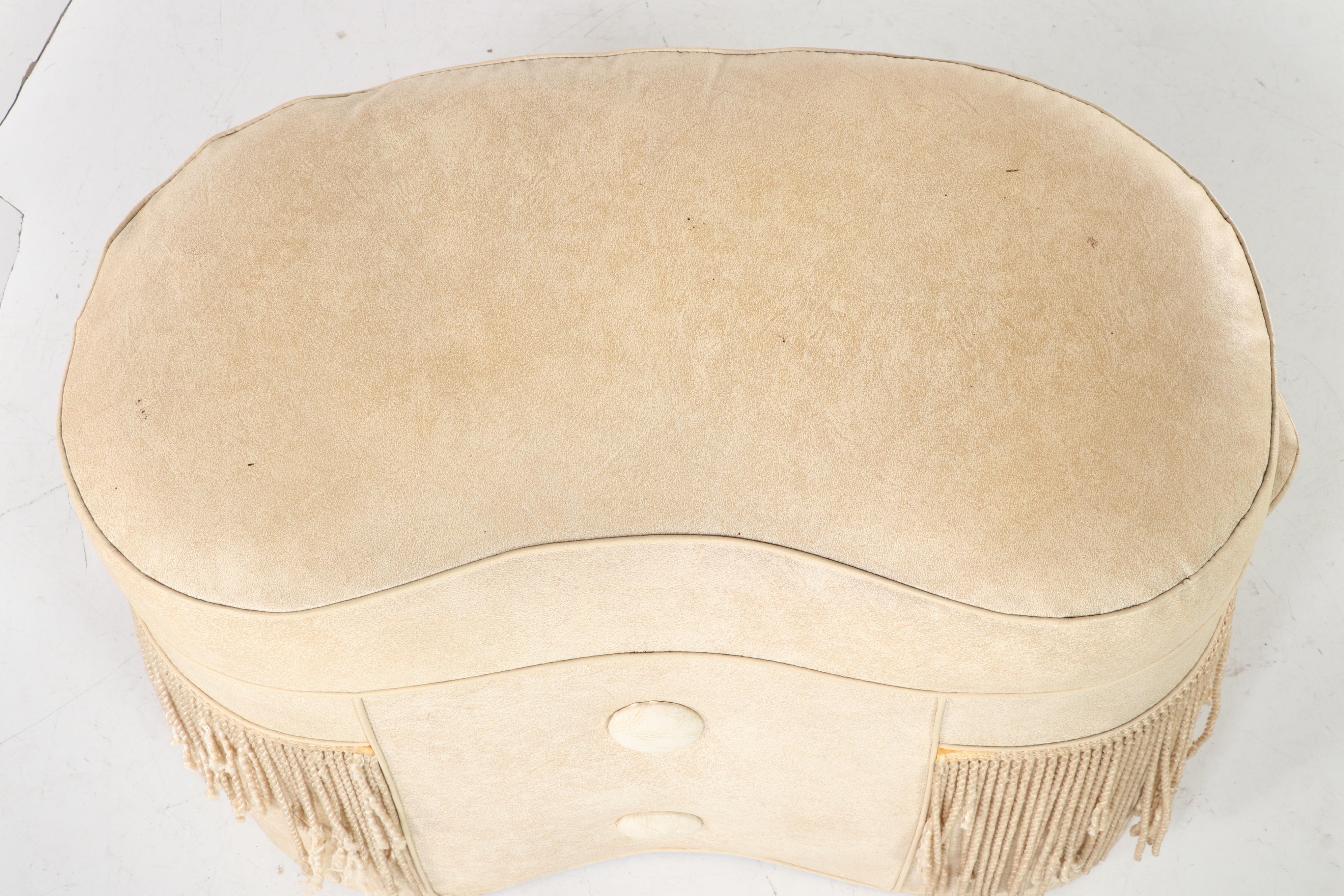 Modernist Vinyl KidneyShaped Footstool with Buttons and Bullion Fringe