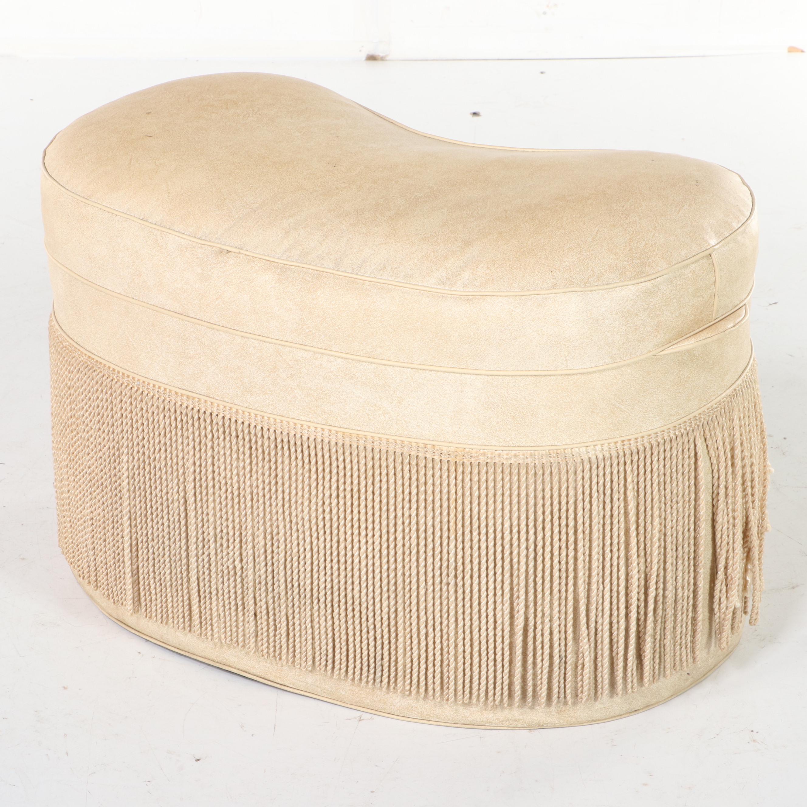 Modernist Vinyl KidneyShaped Footstool with Buttons and Bullion Fringe