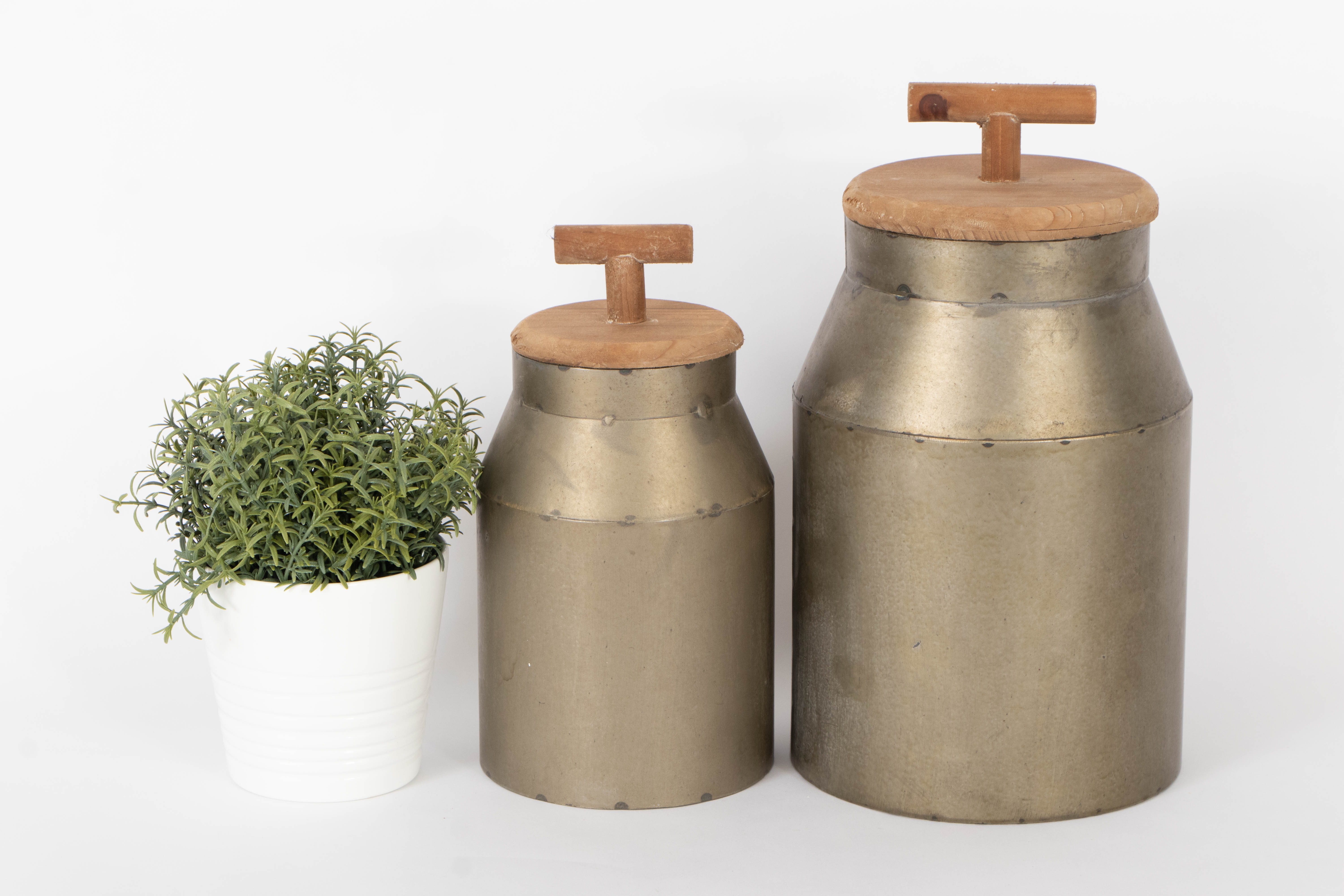 Farmhouse Style Metal Covered Jars with Potted Faux Greenery | EBTH