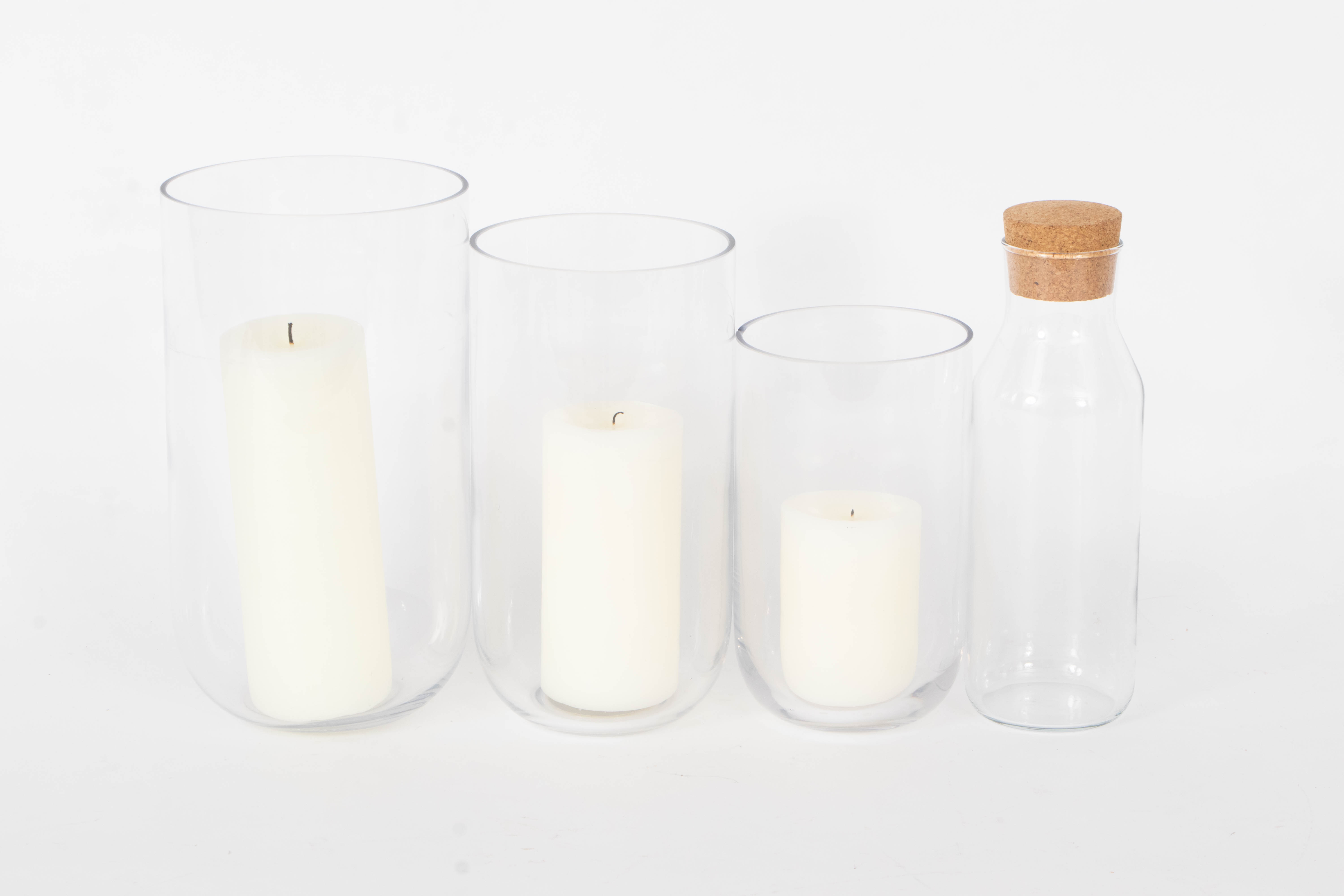 Six Graduated Clear Glass Hurricanes with Candles and Four Storage Jars EBTH