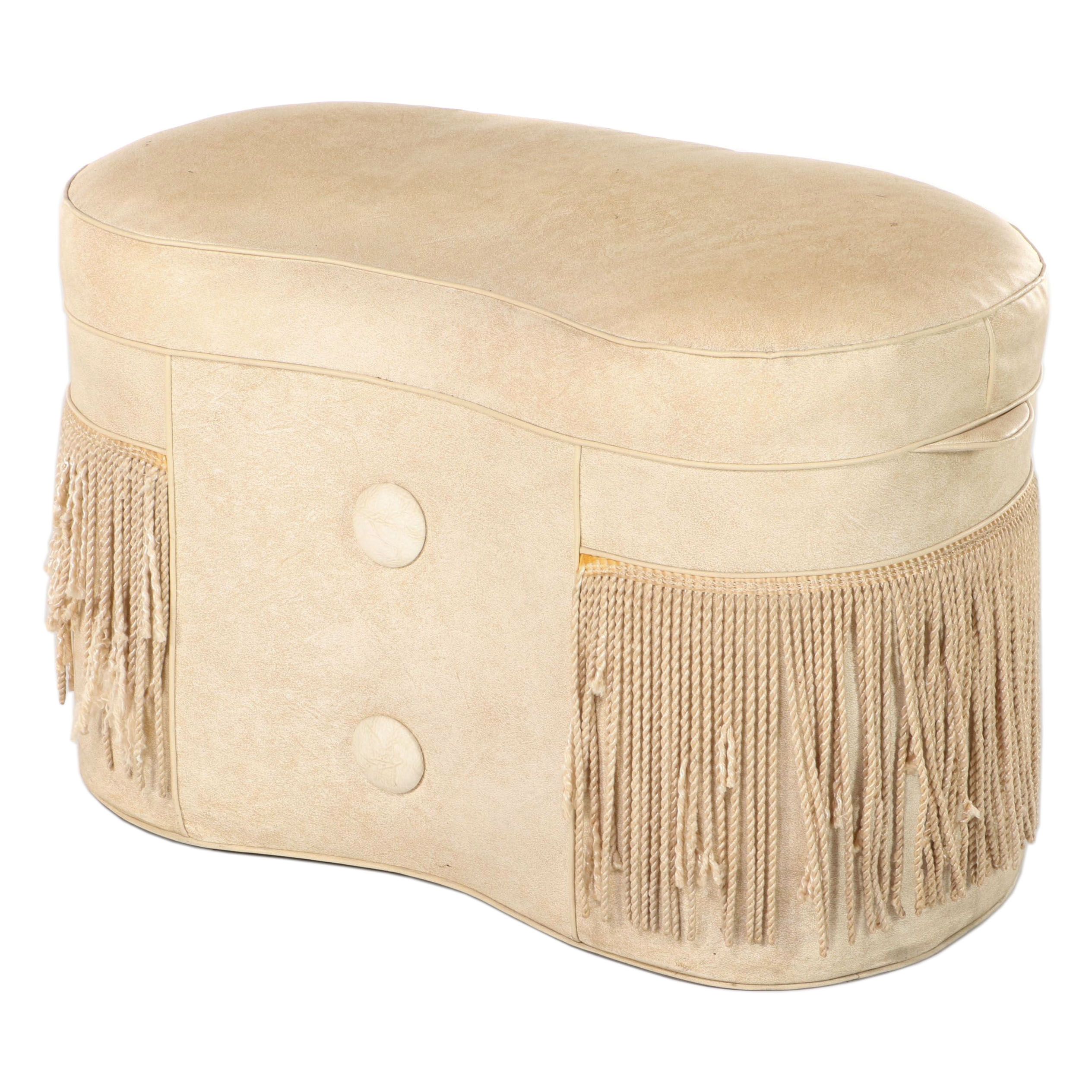 Modernist Vinyl KidneyShaped Footstool with Buttons and Bullion Fringe