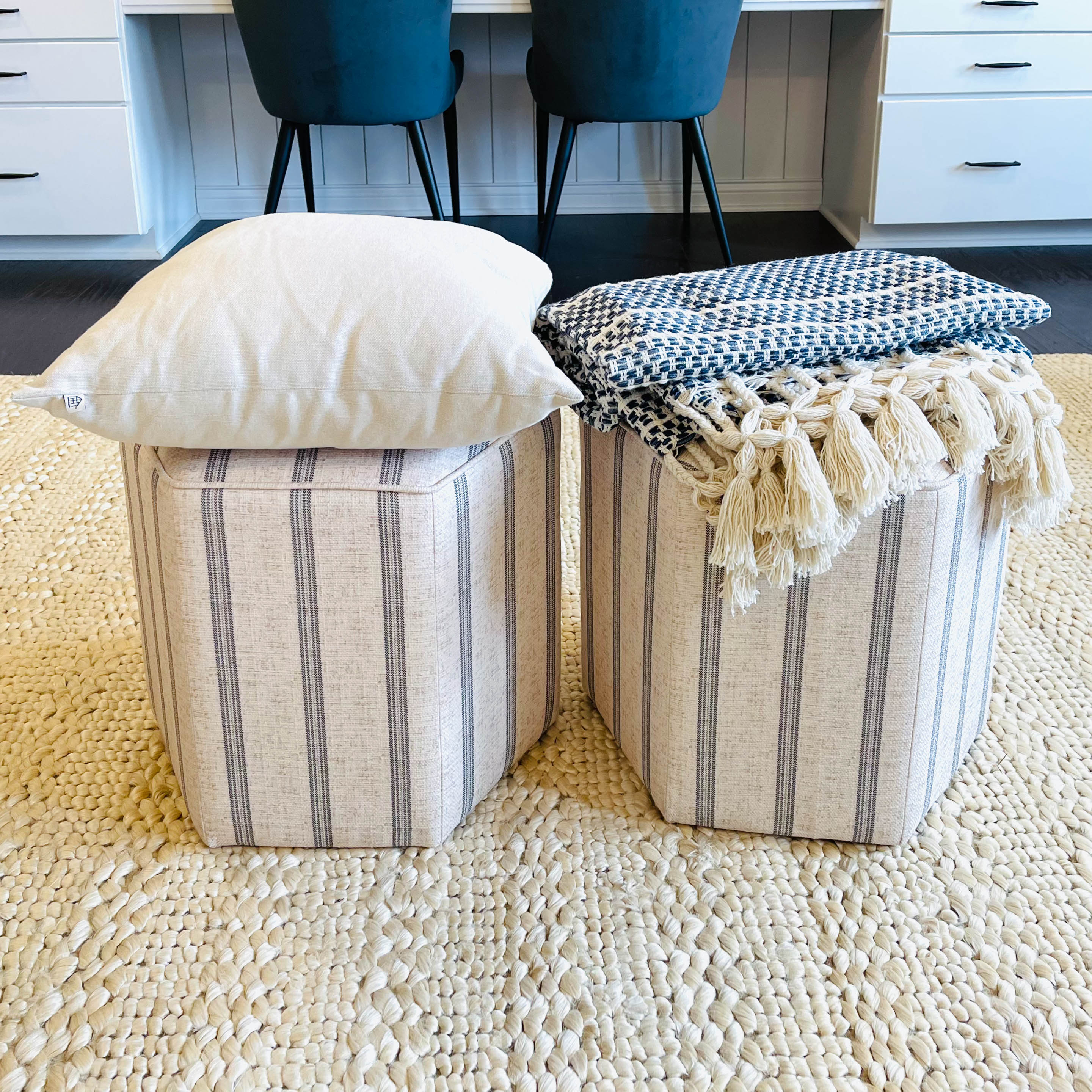 Pair of Hexagon Shaped Ottomans with Magnolia Home Woven Throw and Pillow EBTH