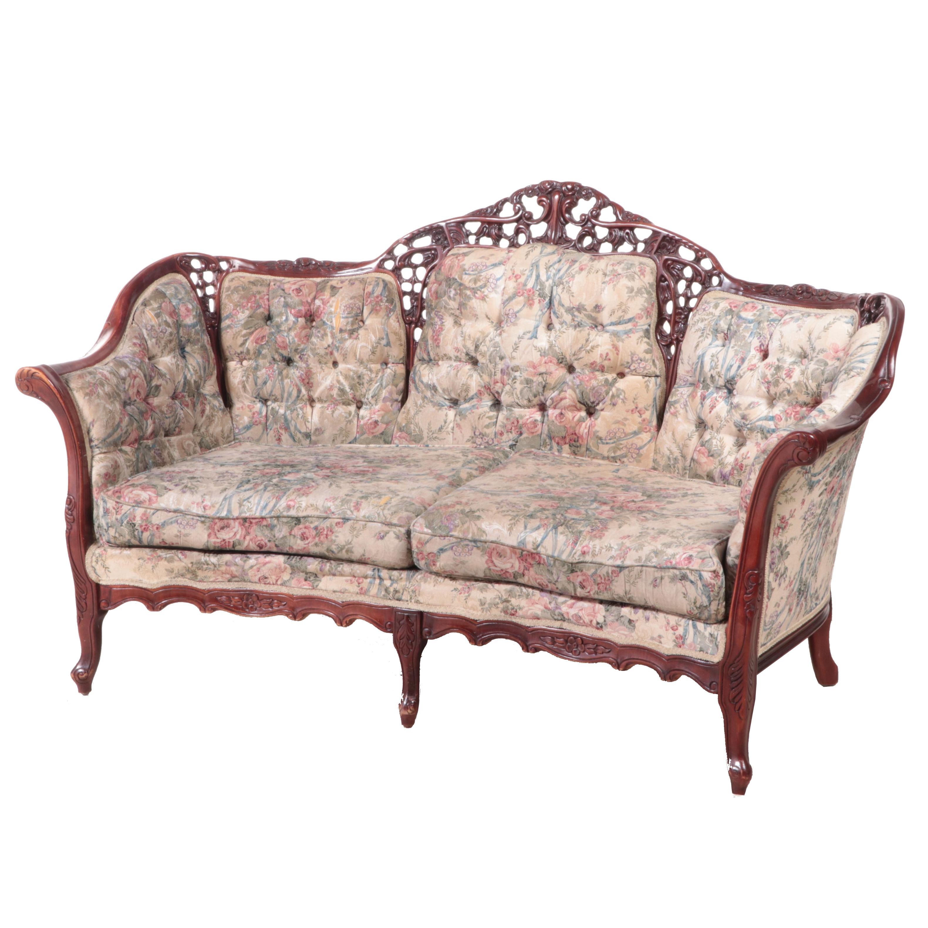 Kimball Furniture Reproductions Rococo Carved Sofa in Floral Tufted