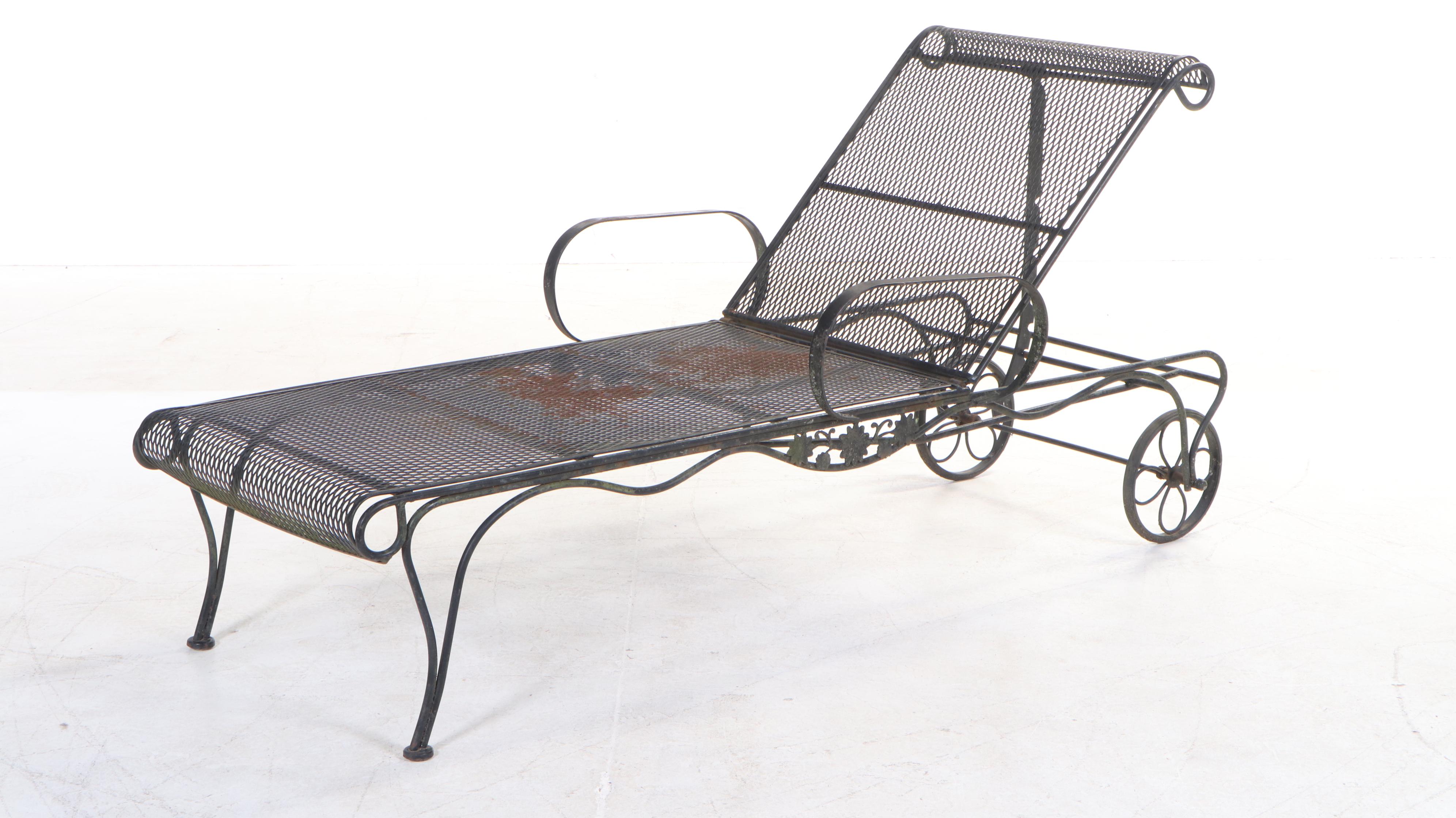 Iron and Wire Mesh Patio Chaise Lounge, Serving Cart, and Side Table EBTH