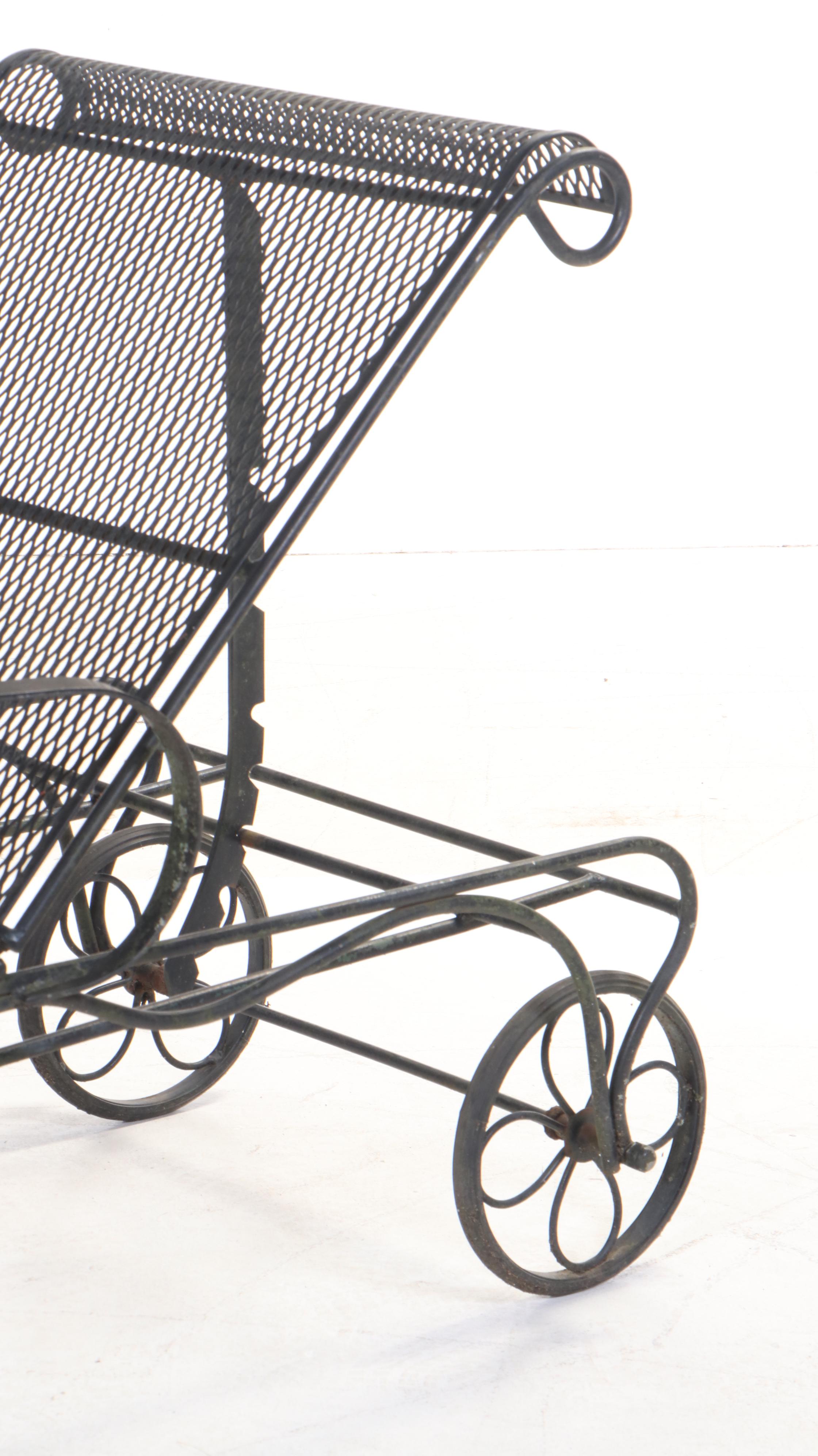 Iron and Wire Mesh Patio Chaise Lounge, Serving Cart, and Side Table EBTH