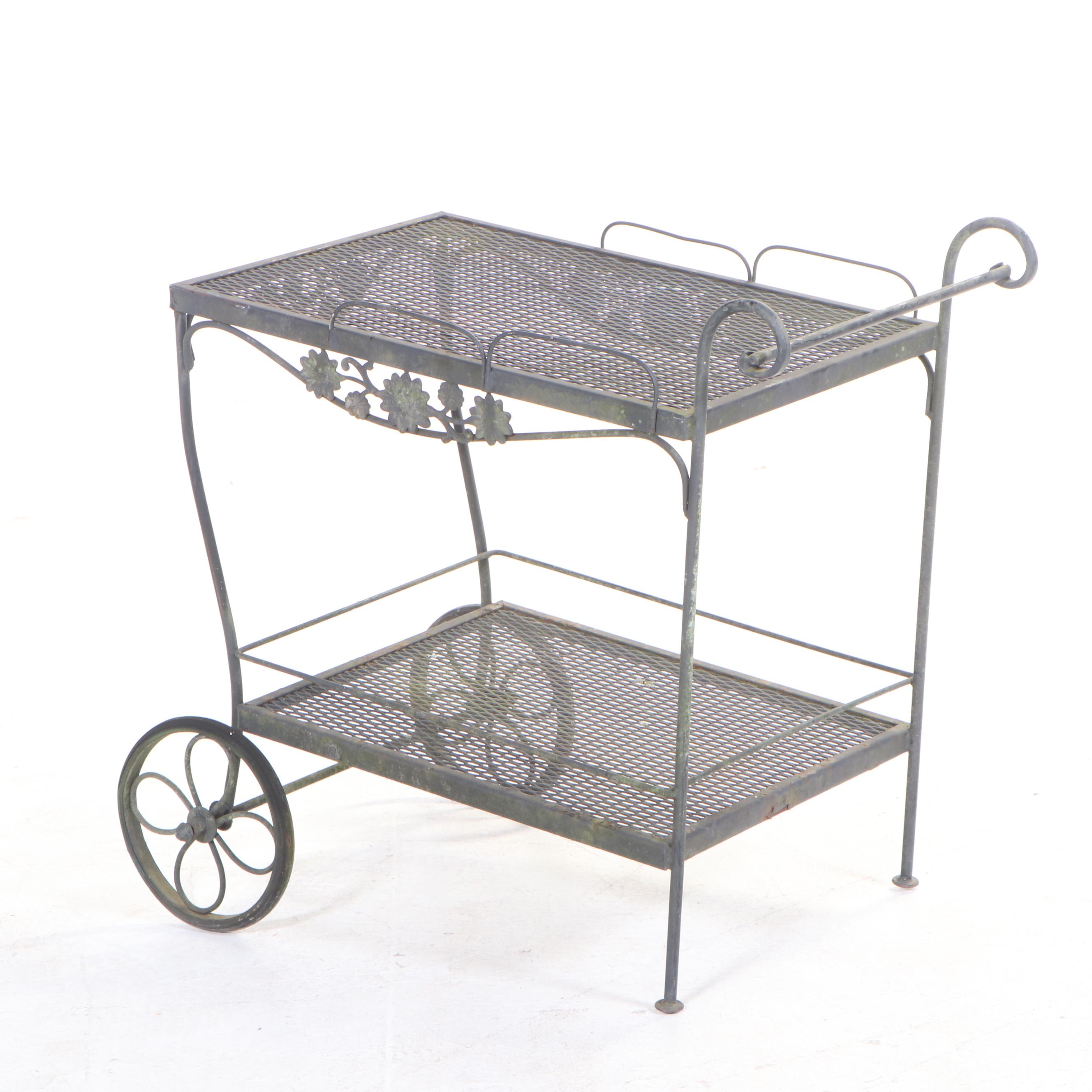 Iron and Wire Mesh Patio Chaise Lounge, Serving Cart, and Side Table EBTH