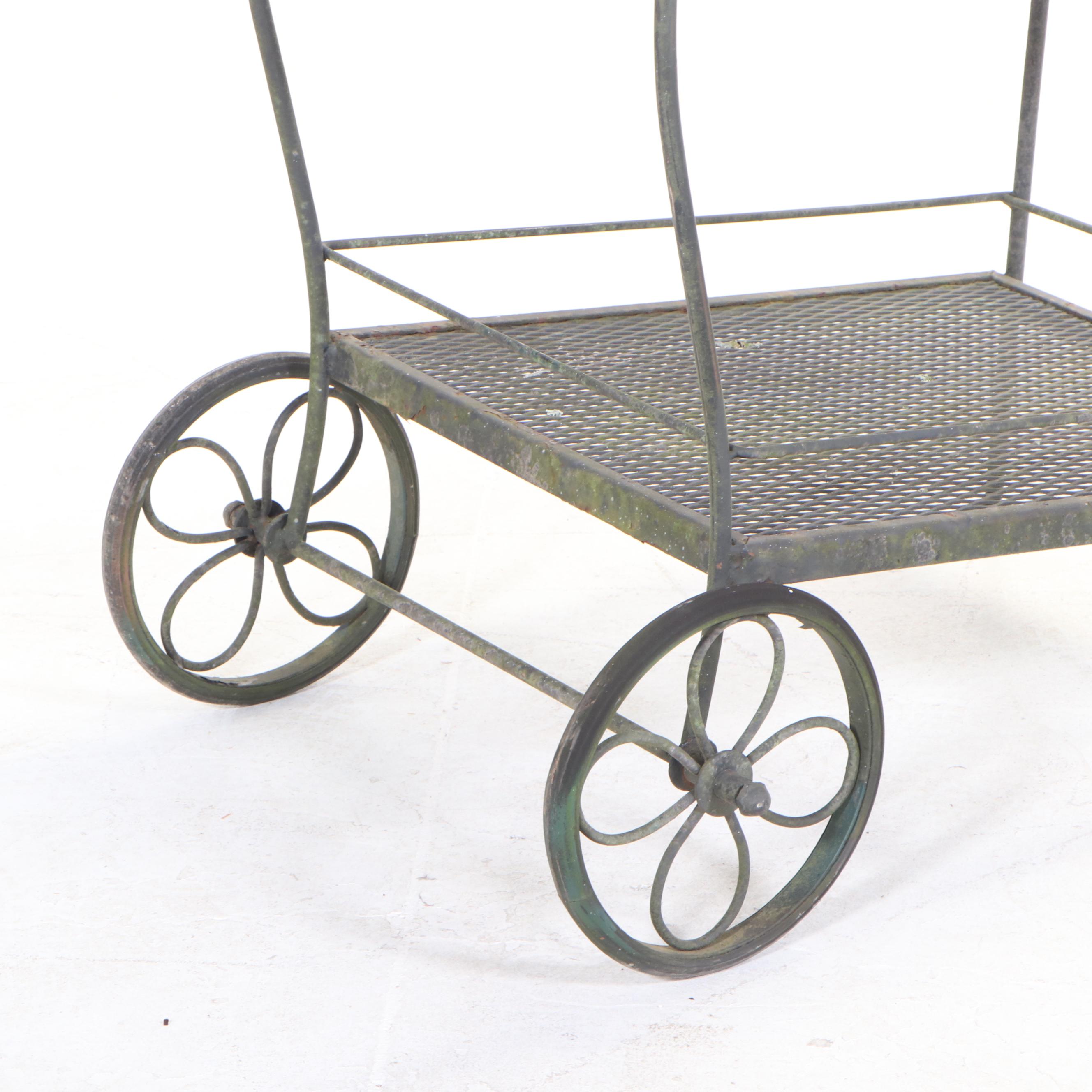 Iron and Wire Mesh Patio Chaise Lounge, Serving Cart, and Side Table EBTH