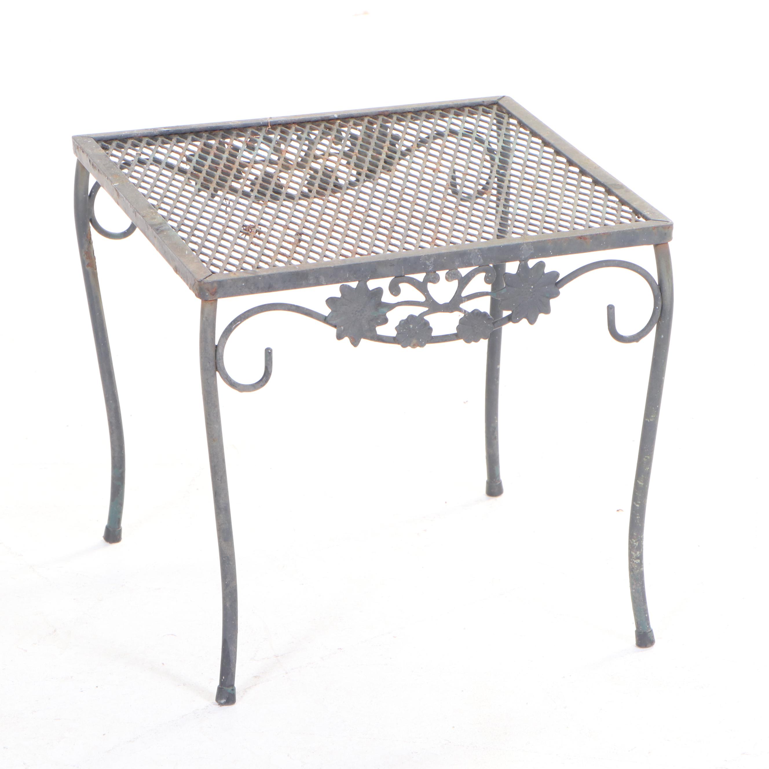 Iron and Wire Mesh Patio Chaise Lounge, Serving Cart, and Side Table EBTH
