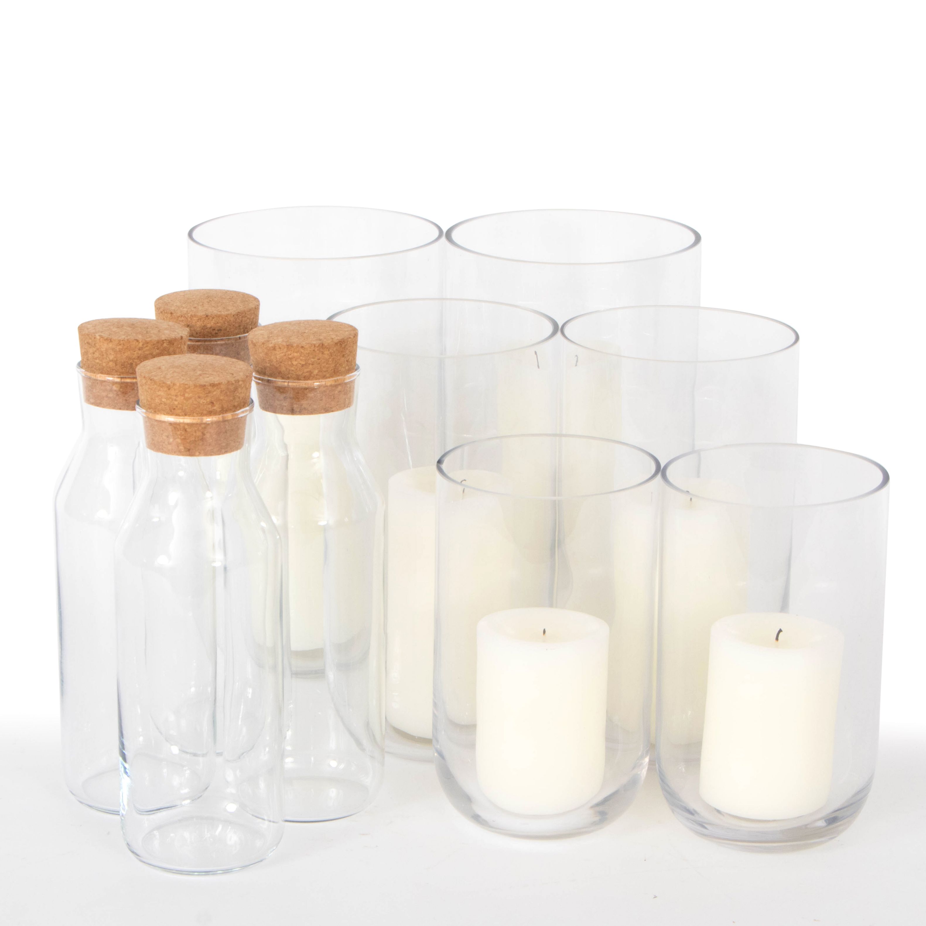 Six Graduated Clear Glass Hurricanes with Candles and Four Storage Jars EBTH