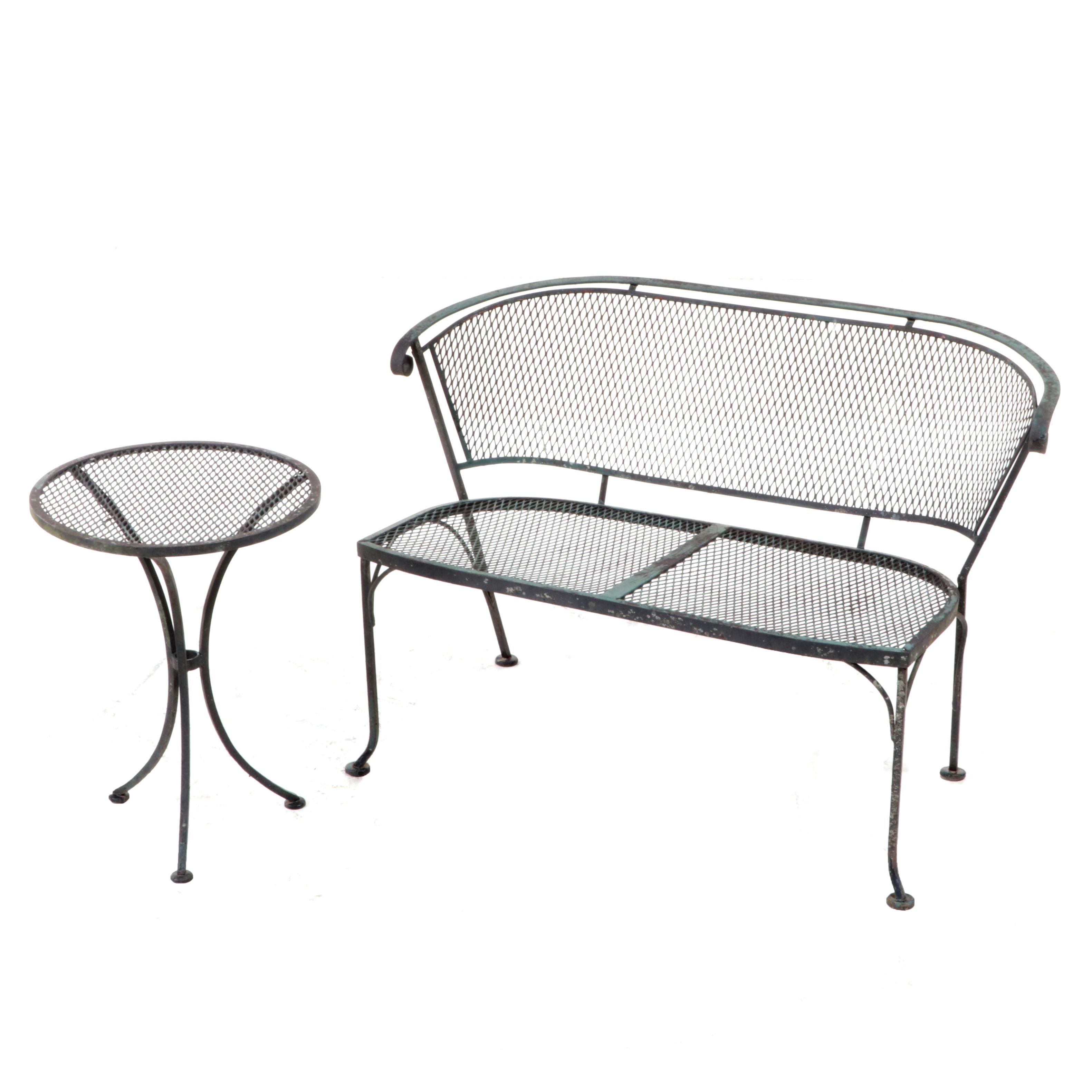 Iron and Wire Mesh Patio Bench and Side Table, Mid to Late 20th Century