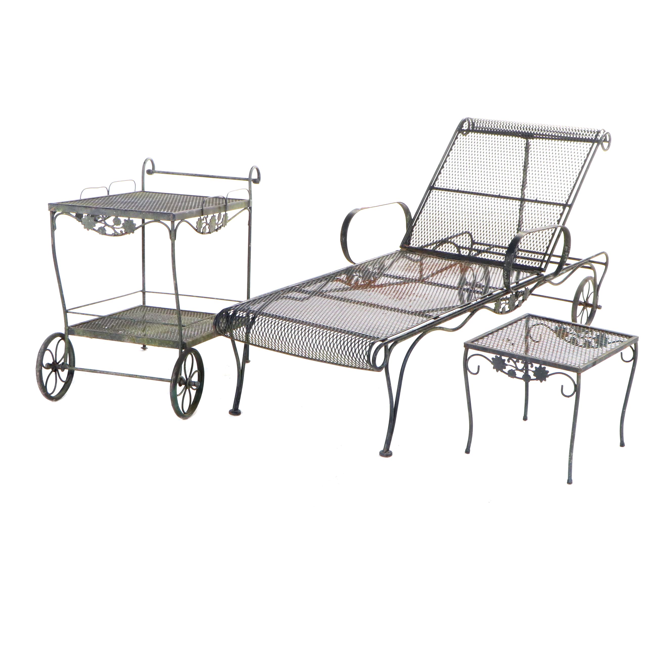 Iron and Wire Mesh Patio Chaise Lounge, Serving Cart, and Side Table EBTH