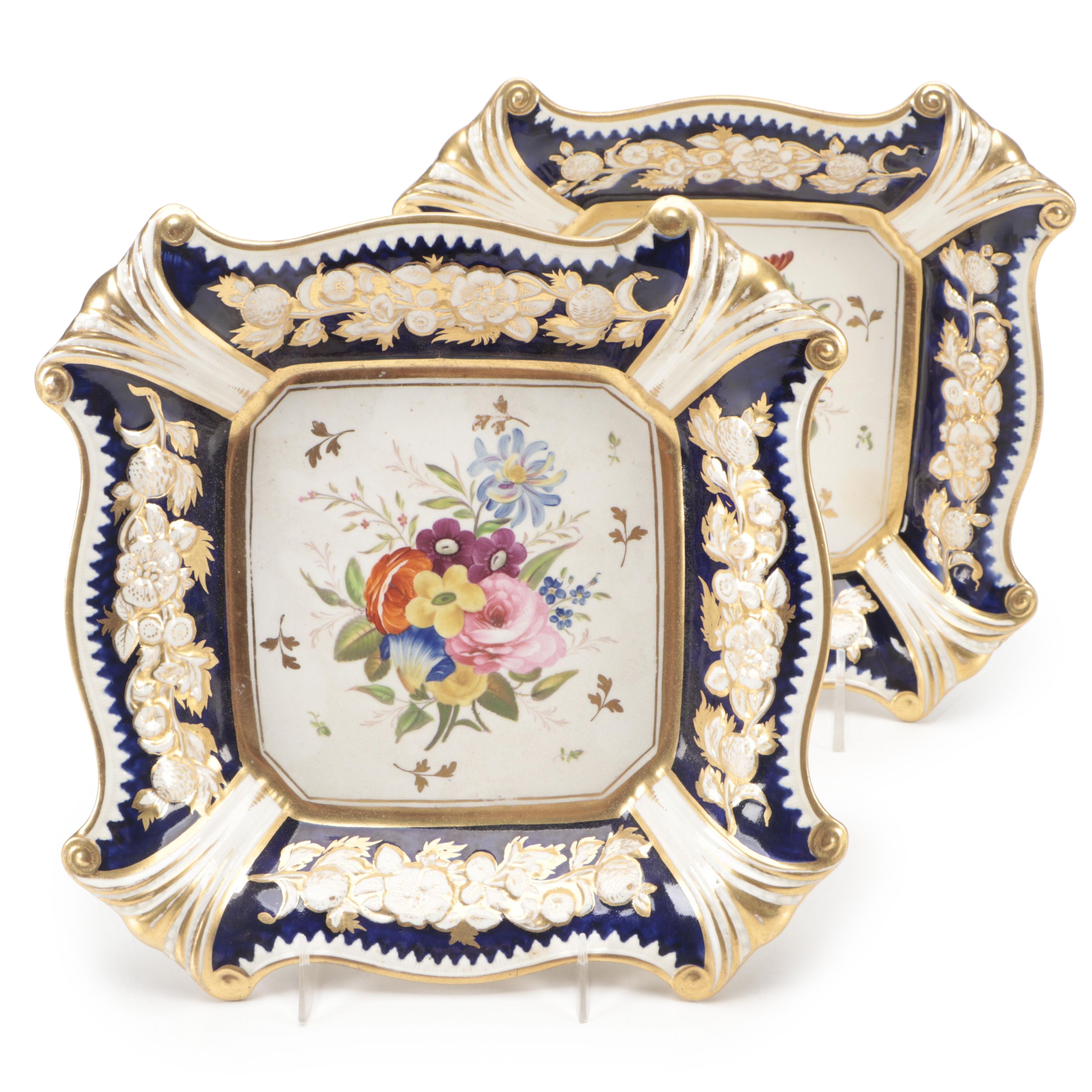 HandPainted Spode Style Floral Motif Ceramic Square Decorative Plates