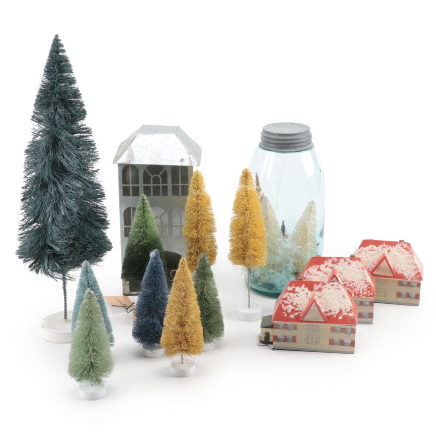 Bottle Brush, Feather and Faux Cranberry Trees with Other Christmas Décor