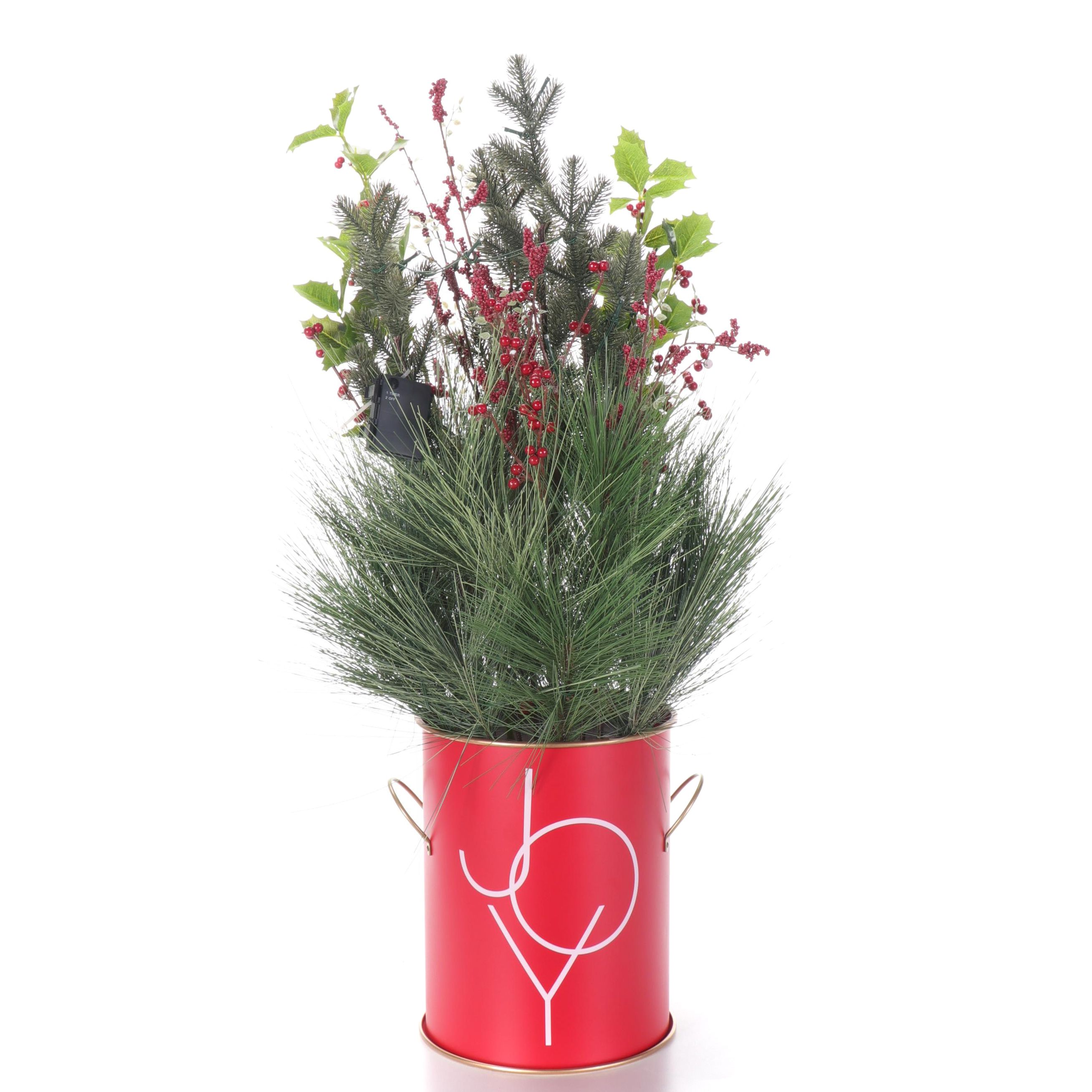 Metal "Joy" Container with Artificial Floral Holiday Arrangement EBTH