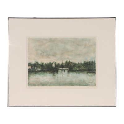 Landscape Color Lithograph of Lake and Distant Forest, Late 20th Century