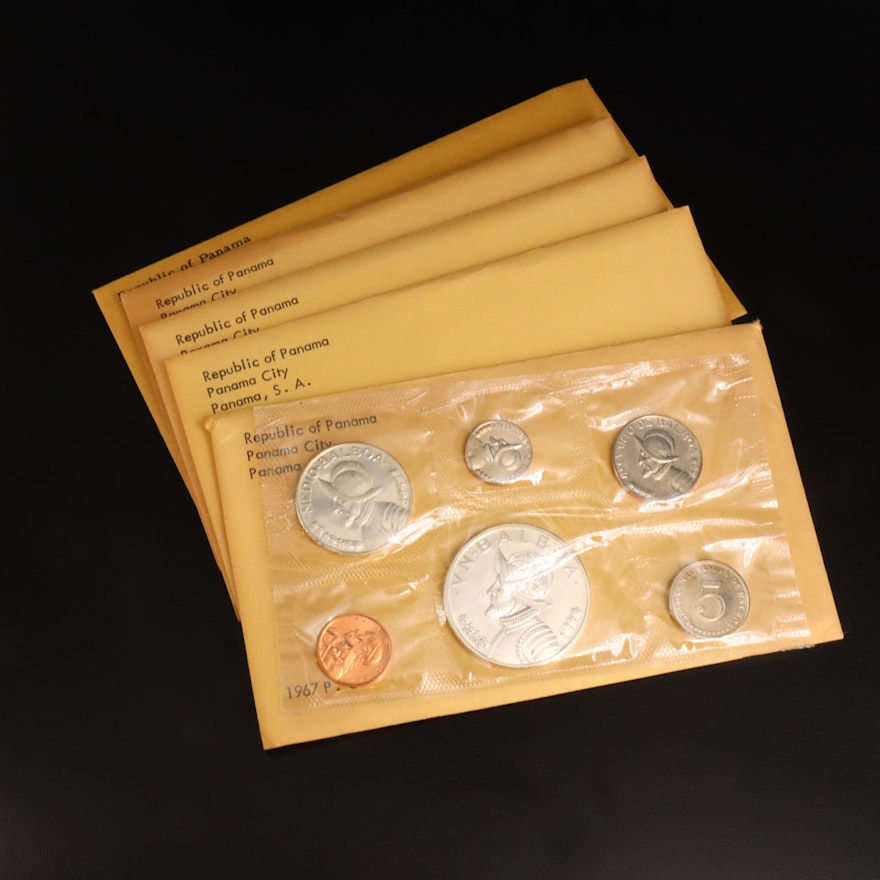 Group of Five, Six Piece Silver Panama Proof Sets
