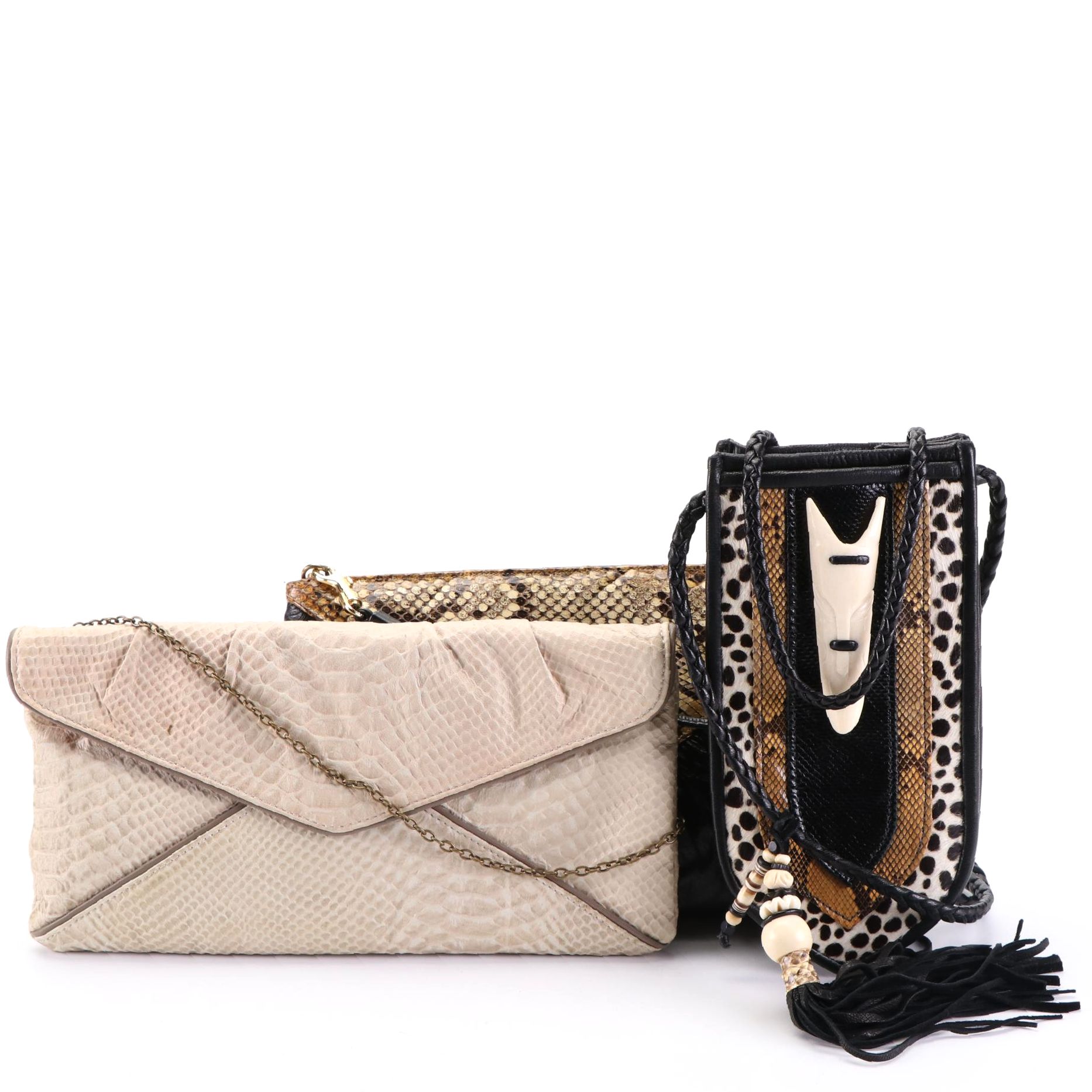Shoulder Bag, Crossbody Bag, and Clutch in Leather, Python and Printed