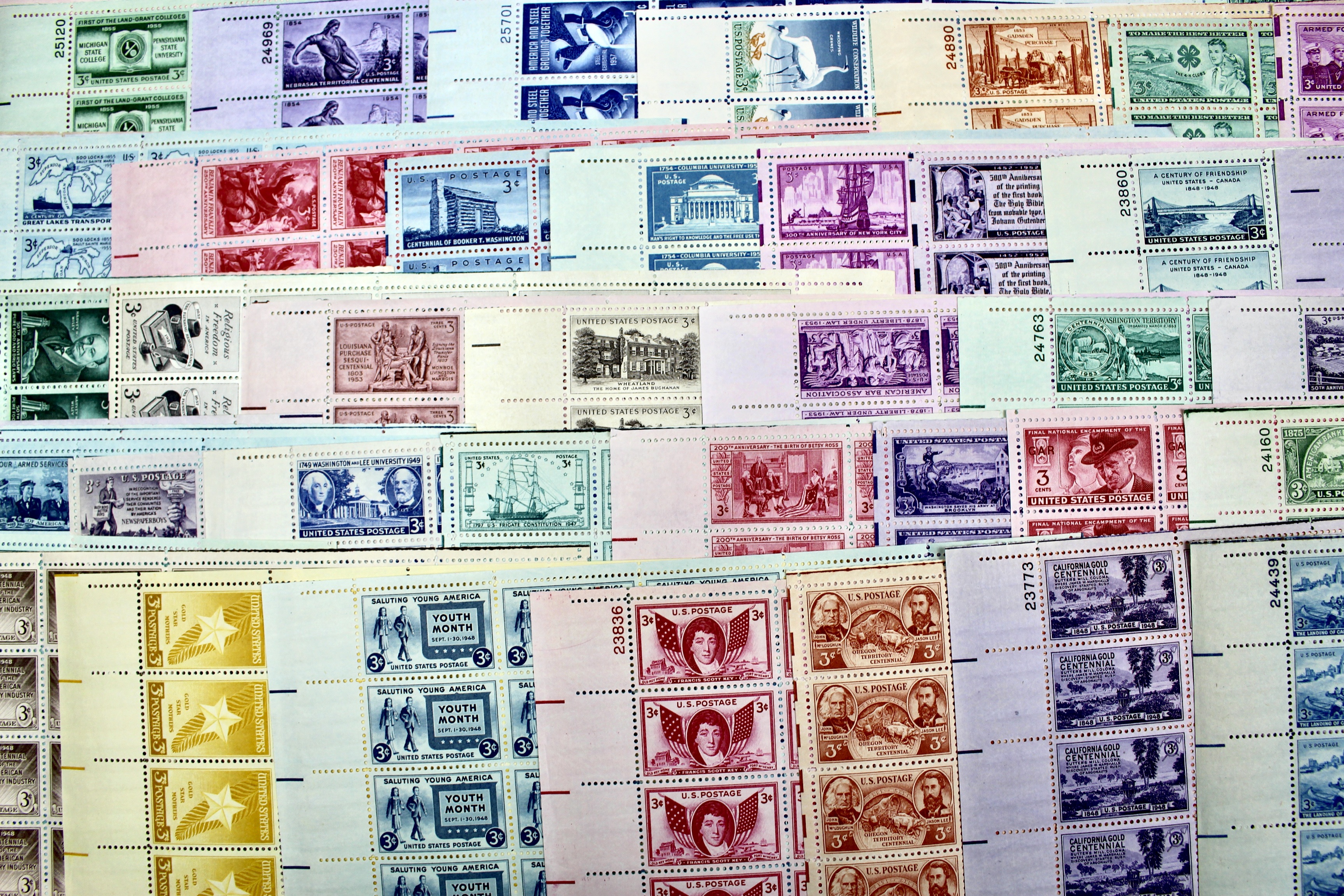 Group of 85 Three Cent Sheets of Stamps from the 1940's and 1950's EBTH