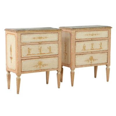 Pair of Italian Neoclassical Parcel Gilt Paint-Decorated Comodini, Early 19th C.