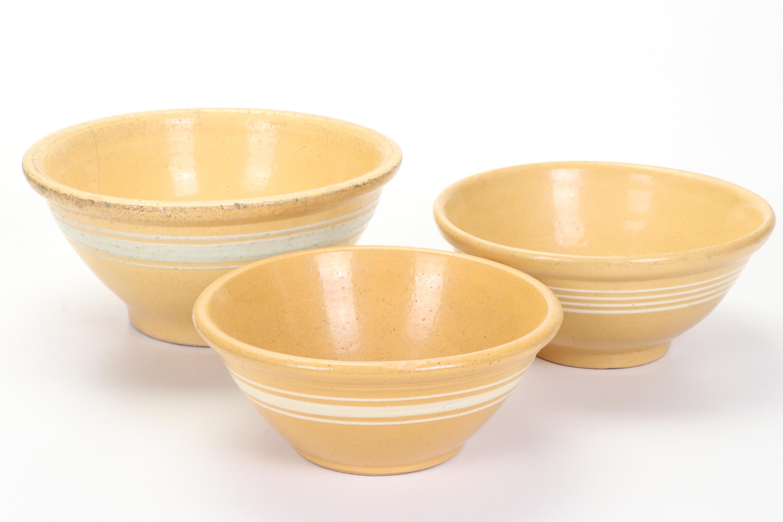 Banded Yellow Ware and Splatter Ware Mixing Bowls with Other Stoneware