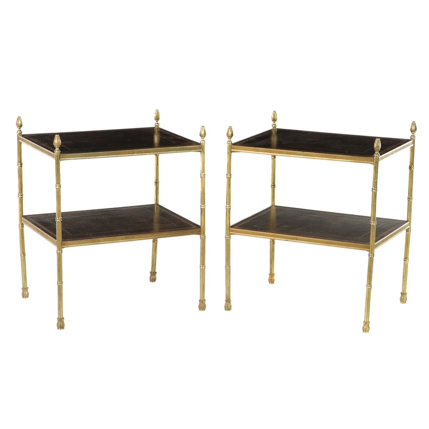 Pair of Neoclassical Style Brass and Gilt-Tooled Leather Side Tables