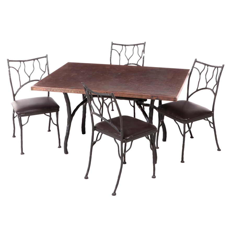Hammered Copper and Cast Iron Faux Bois Five-Piece Dining Set