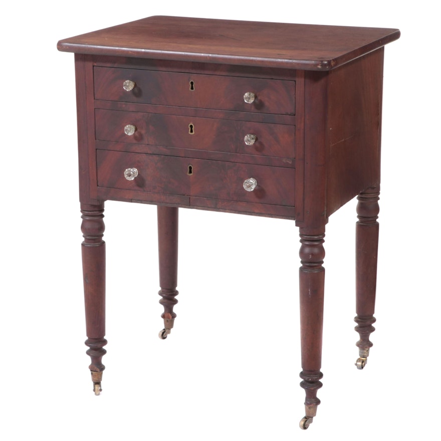 Federal Flame Mahogany Three-Drawer Side Table, Early 19th Century
