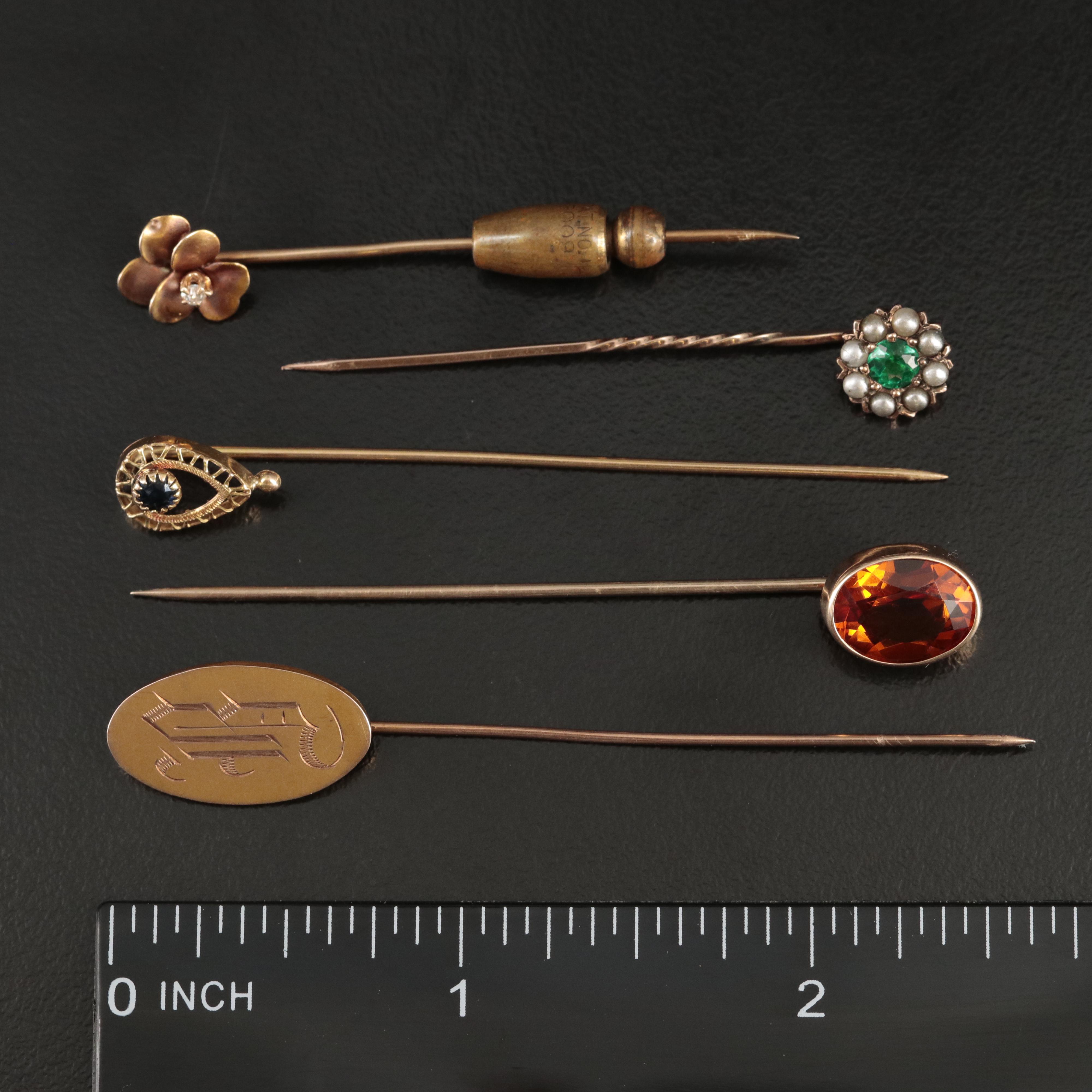 Antique 10K Stick Pins and 14K Pansy Flower Stick Pin | EBTH