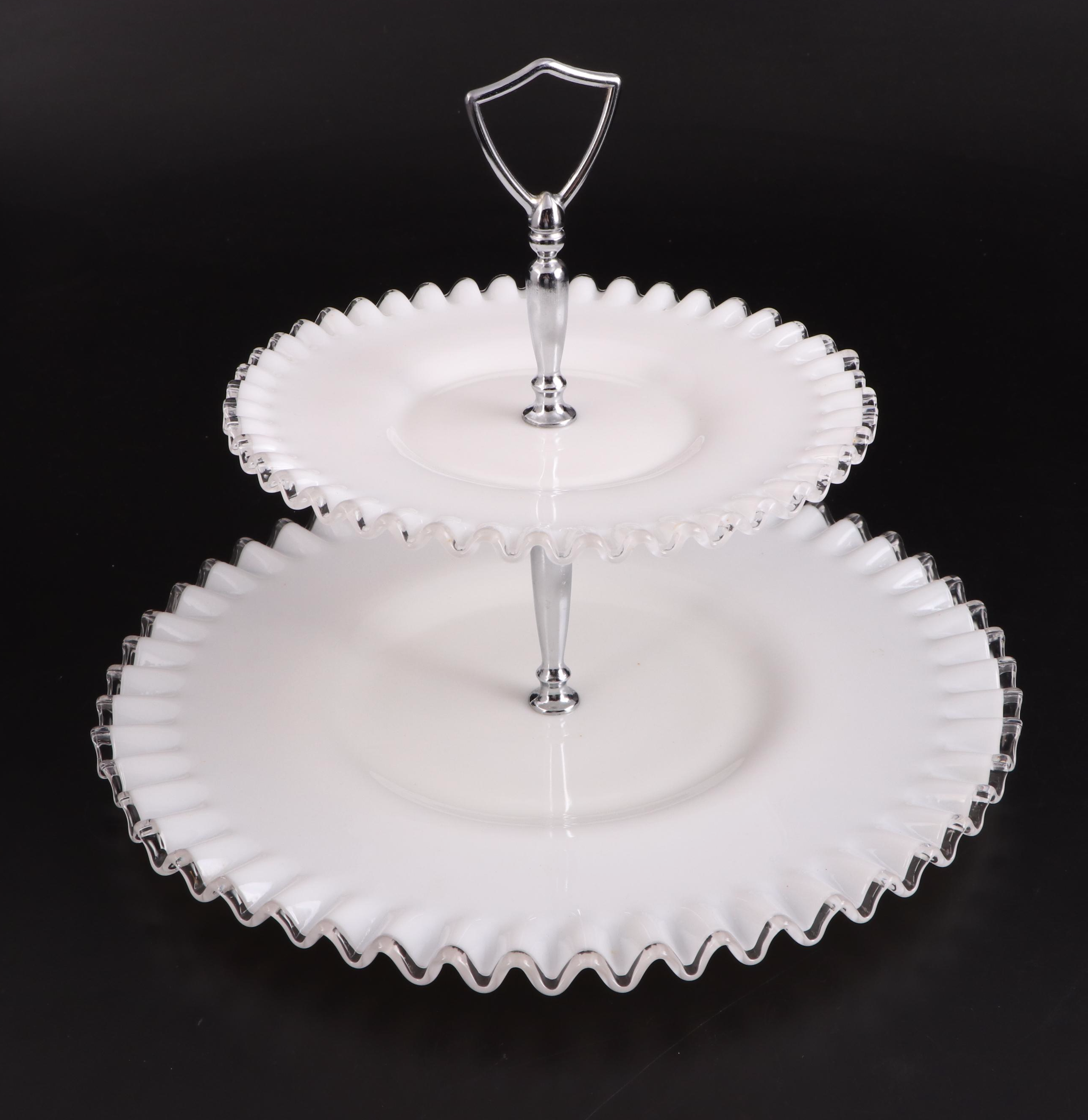 Fenton "Silver Crest" Milk Glass Cake Stand, Tiered Server and Relish