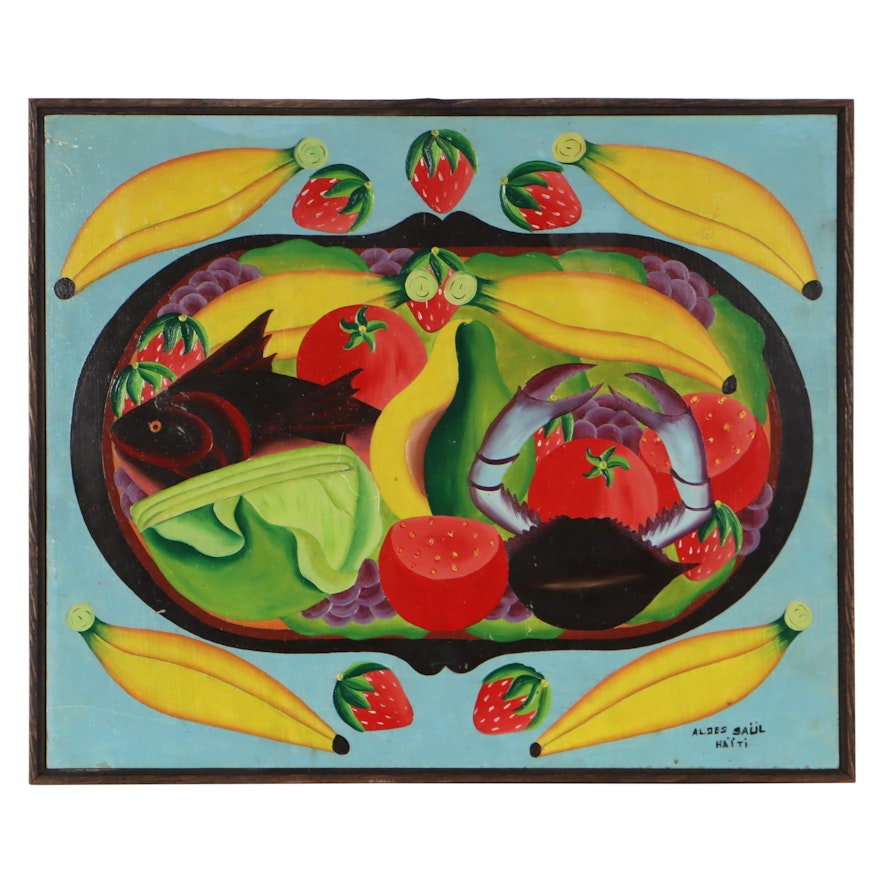 Audes Saul Haitian Oil Painting "Still Life With Crab and Fish," Circa 1975